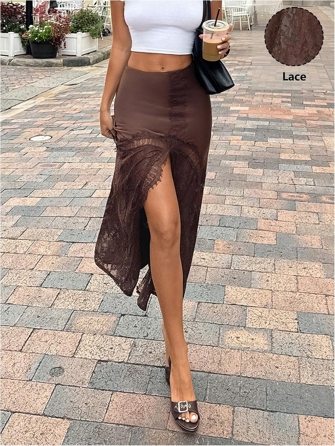WDIRARA Women's Lace High Slit Skirt Low Rise Ruffle Flowy Long Skirts