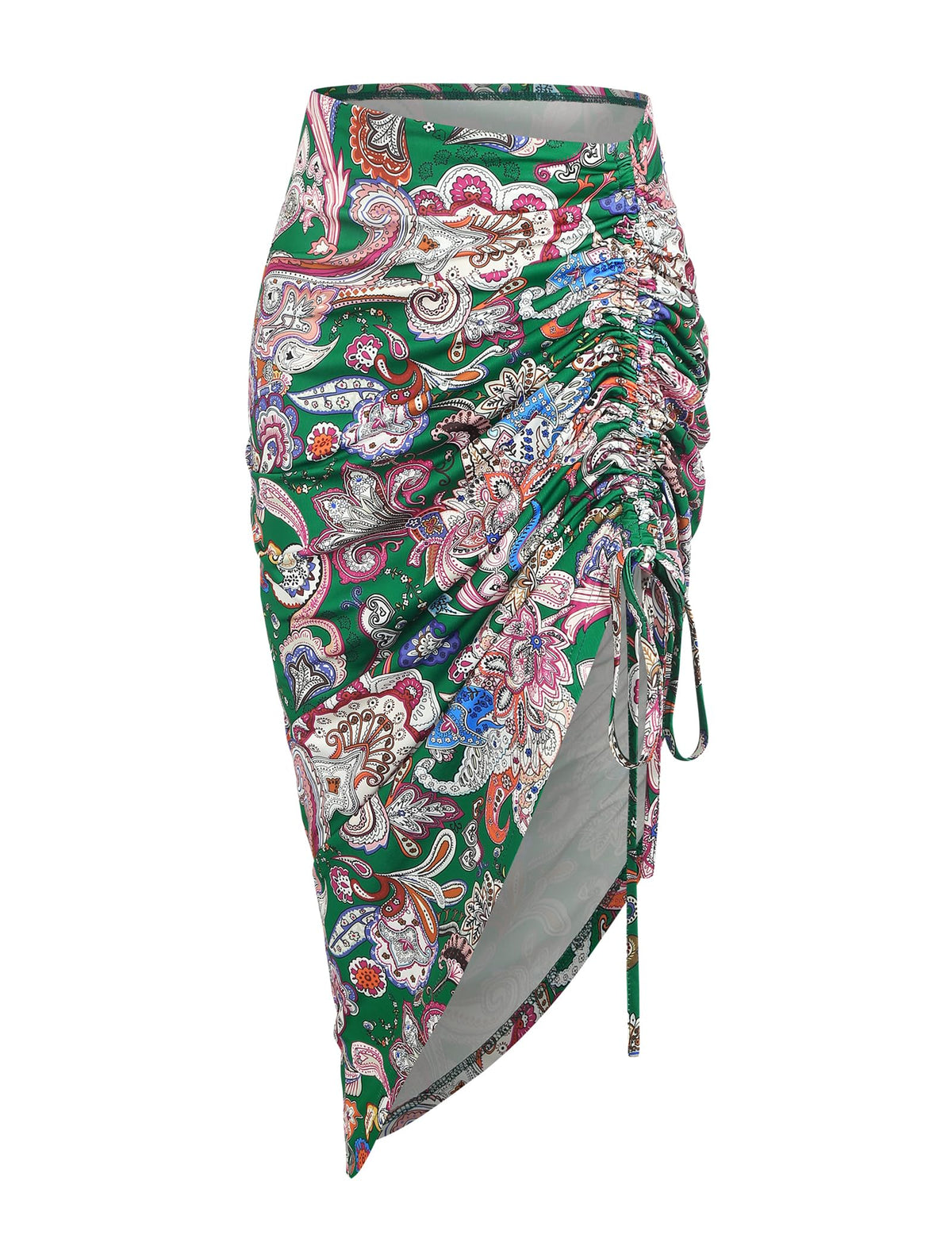 ZAFUL Women's Boho Skirt Asymmetrical Skirts Tied Floral Paisley Printed High Waist Ruched Skirts for Women
