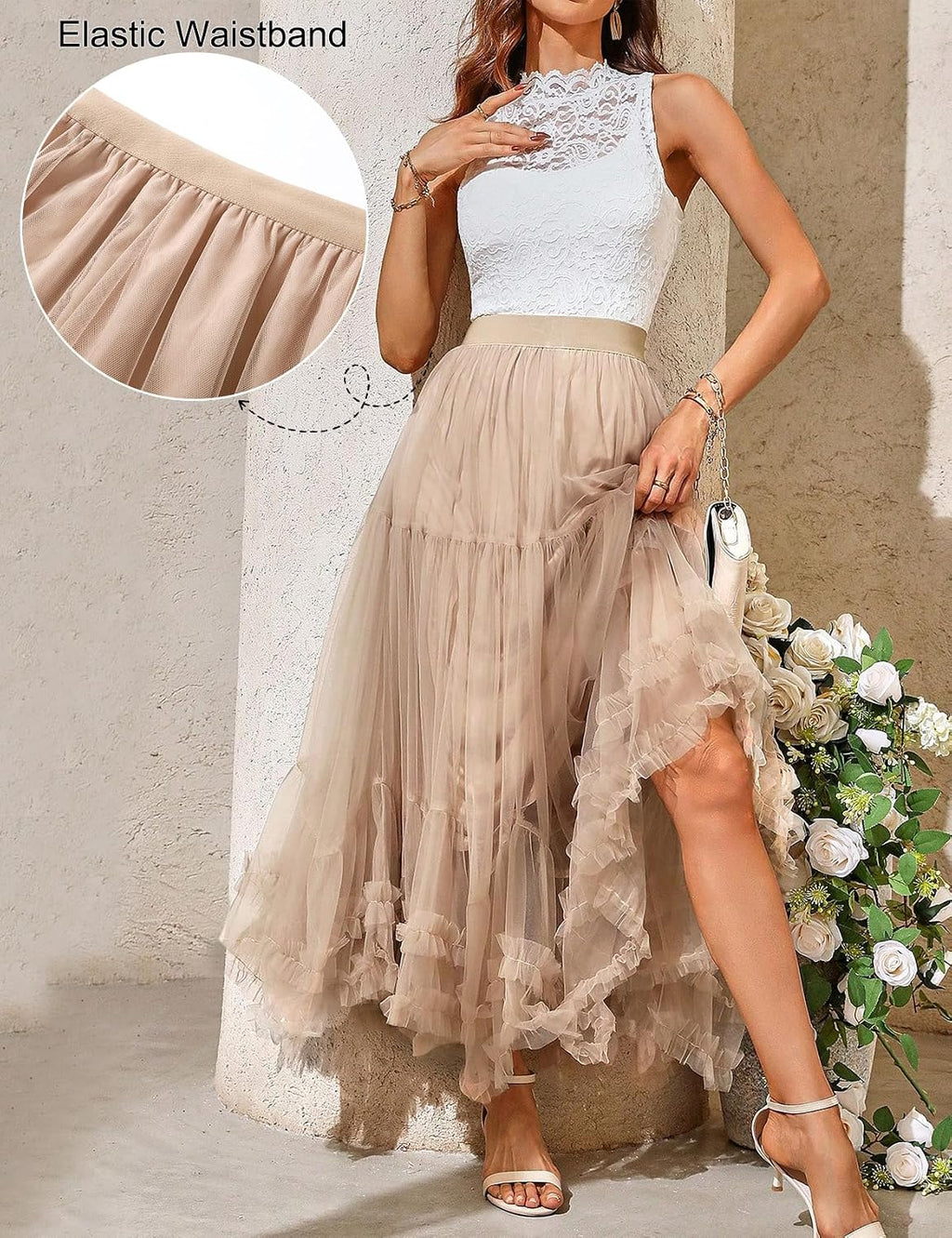COZYPOIN Women's Maxi Tulle Skirts Long Layered Mesh Tiered Fairy Skirt