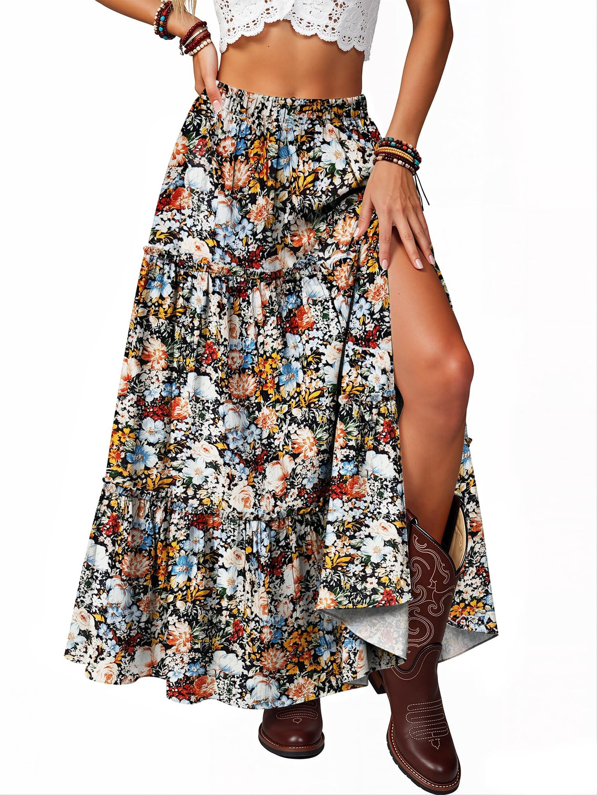 Maxi Skirts for Women 2026 Summer Side Slit Tiered Trendy Pleated Ruffle Flowy Boho Long Skirt with Pockets
