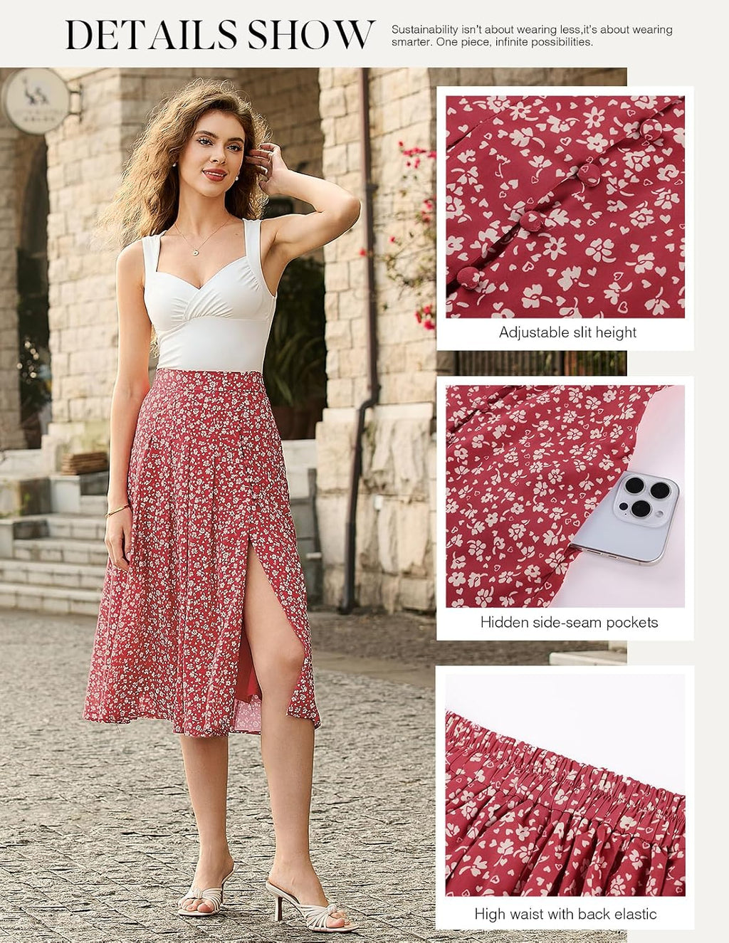 Belle Poque Women's Floral Midi Skirts with Slit High Waist Pleated Skirts Flowy A-Line Skirt with Pockets Spring Summer 2026