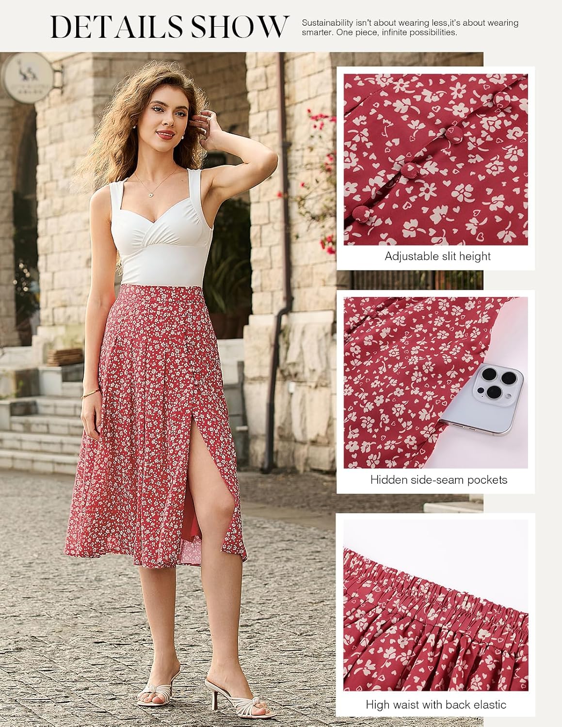 Belle Poque Women's Floral Midi Skirts with Slit High Waist Pleated Skirts Flowy A-Line Skirt with Pockets Spring Summer 2026