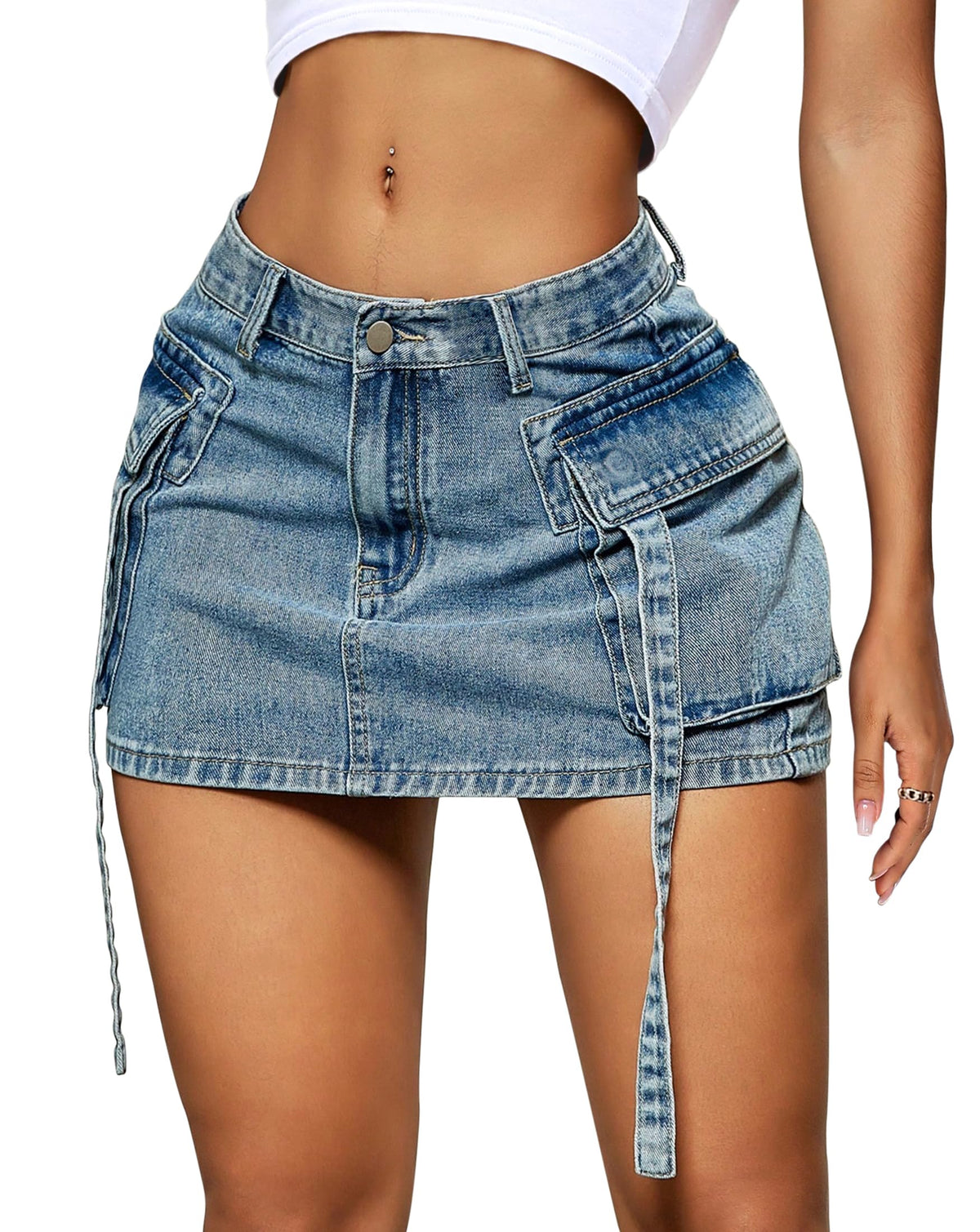 YZEGGO Womens Cargo Skirt Low Waist Button Denim Mini Skirt Summer Y2k Jean Skirt with Flap Pockets
