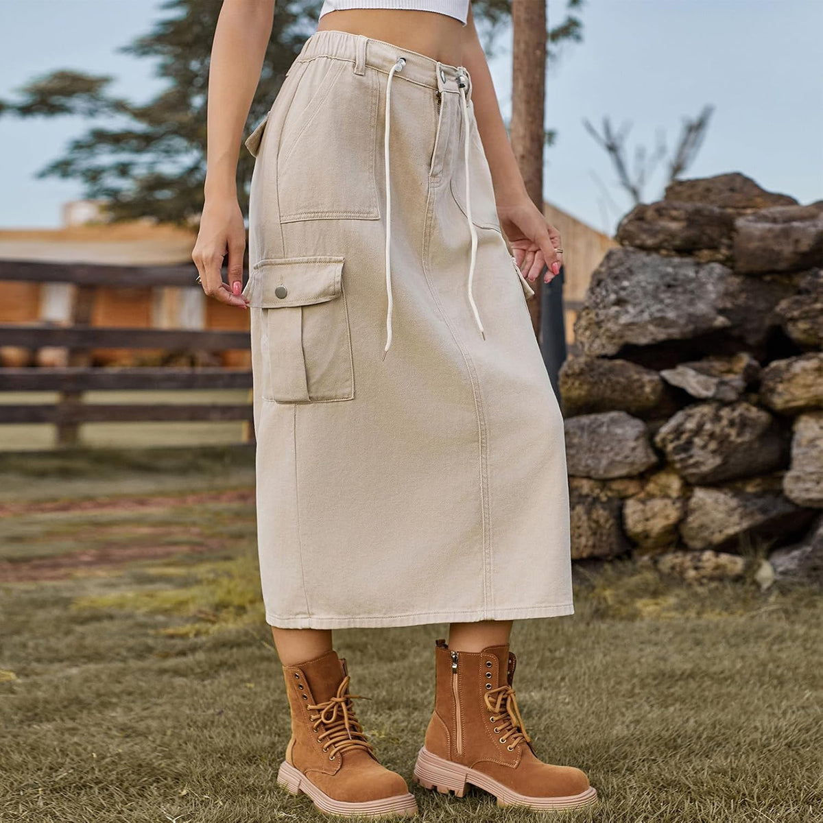 Long Denim Skirts for Women High Waist Back Split A-line Cargo Jean Skirt with Multipockets