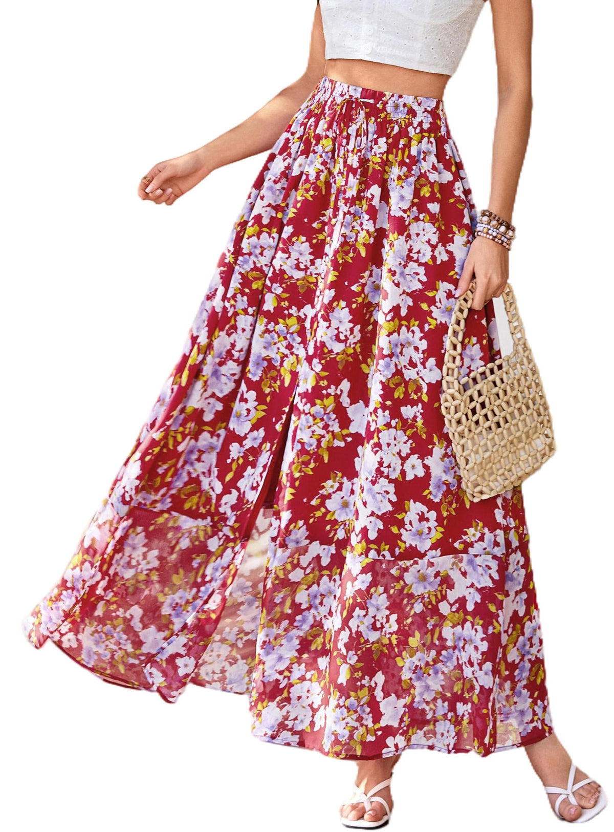 PRETTYGARDEN 2026 Summer Maxi Long Skirts for Women Trendy Boho Floral High Waisted Slit Flowy Travel Beach Vacation Clothes