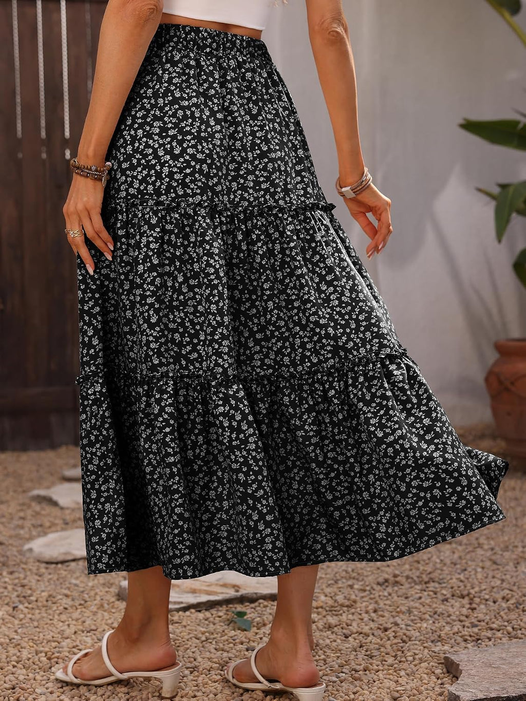ELLEVEN Women's Floral Maxi Skirt Boho Flowy High Waisted A-Line Tiered Ruffle Skirt with Side Slit