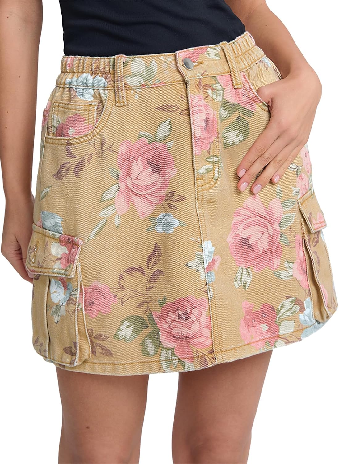 SCOFEEL Women’s Floral Denim Mini Skirt High Waist Cargo Jean Skirt