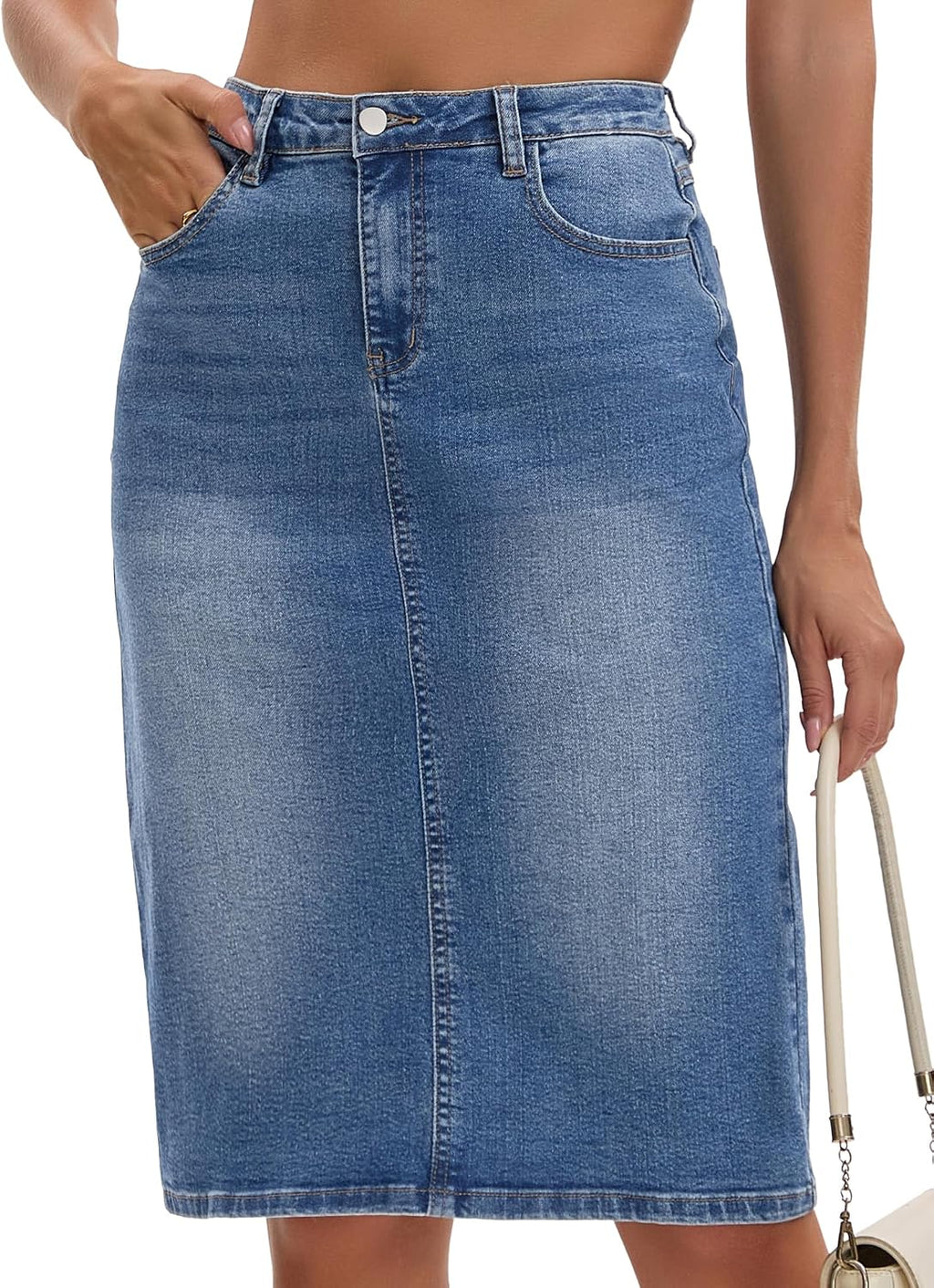 Women's Jean Skirt Back Slit Stretch Below Knee Length Denim Skirts