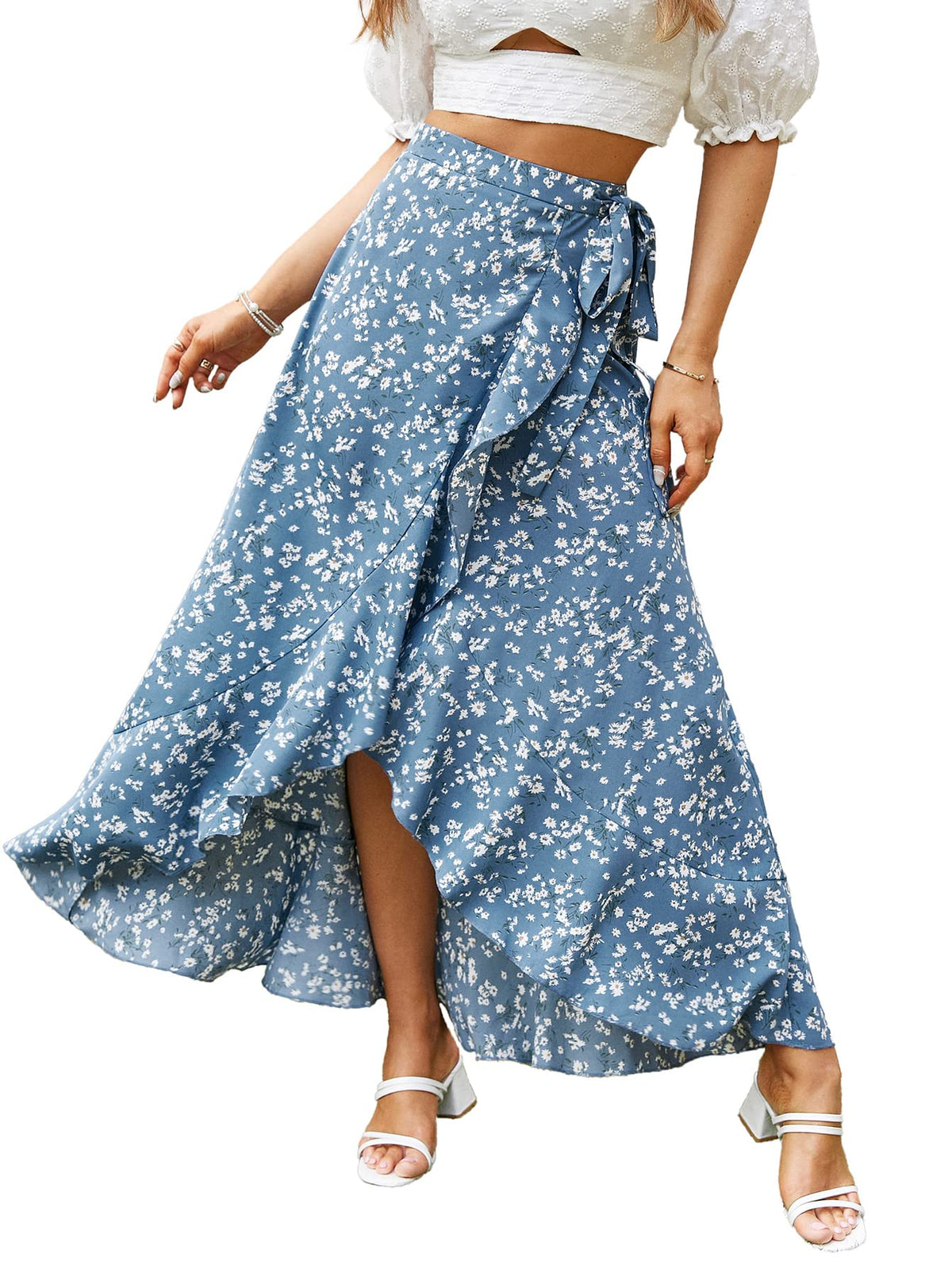 BerryGo Women's Boho Floral Wrap Maxi Skirt High Waisted Long Skirt with Slit