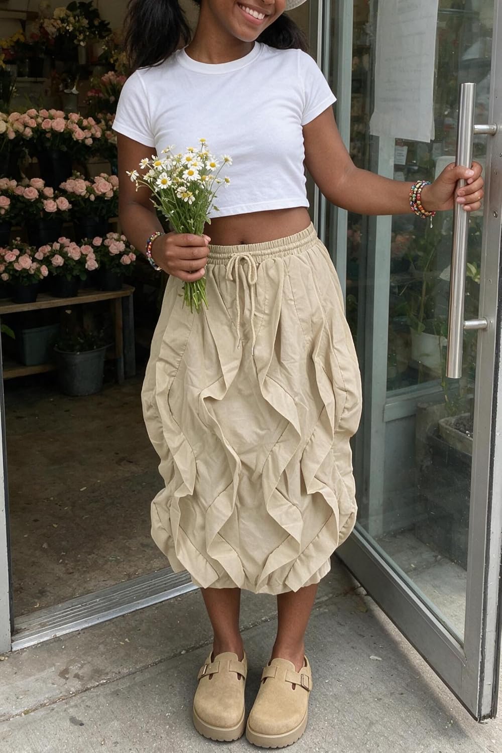 LROSEY Women Ruffle Cargo Skirt Y2k Novelty Drawstring Pleated Midi Skirts
