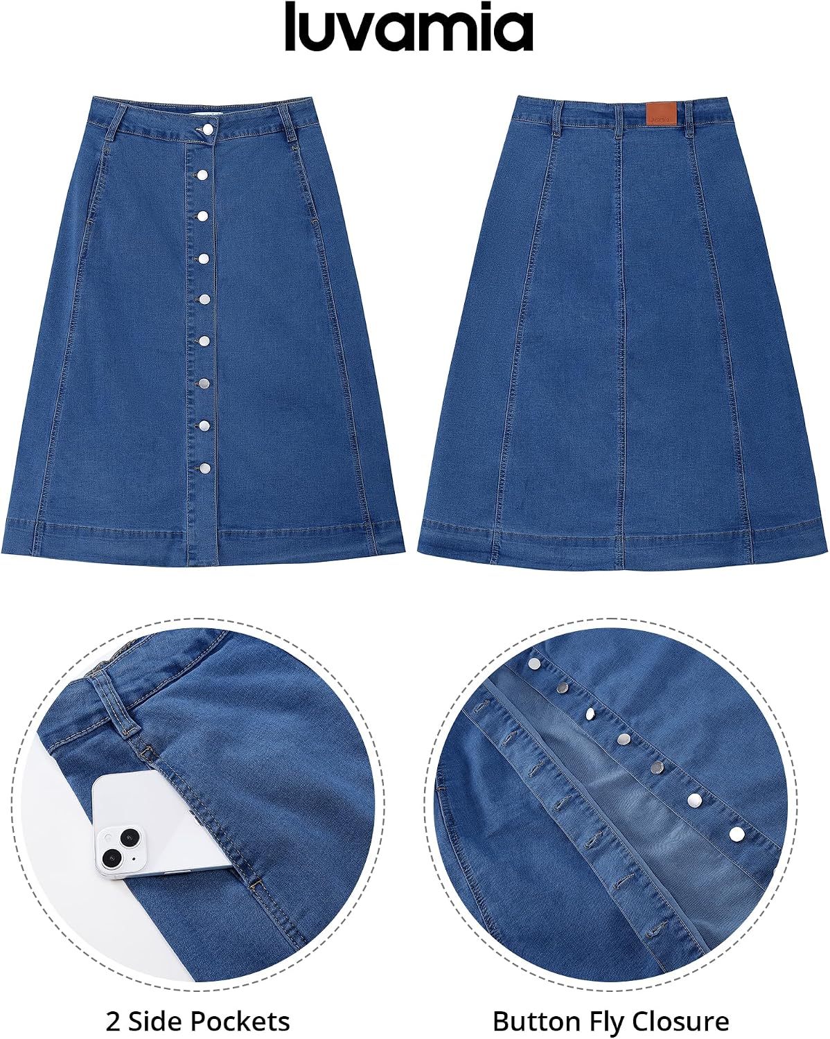 luvamia Jean Skirts for Women Trendy Midi Length A Line Western Casual Button Down Stretchy Denim Skirt with Pockets