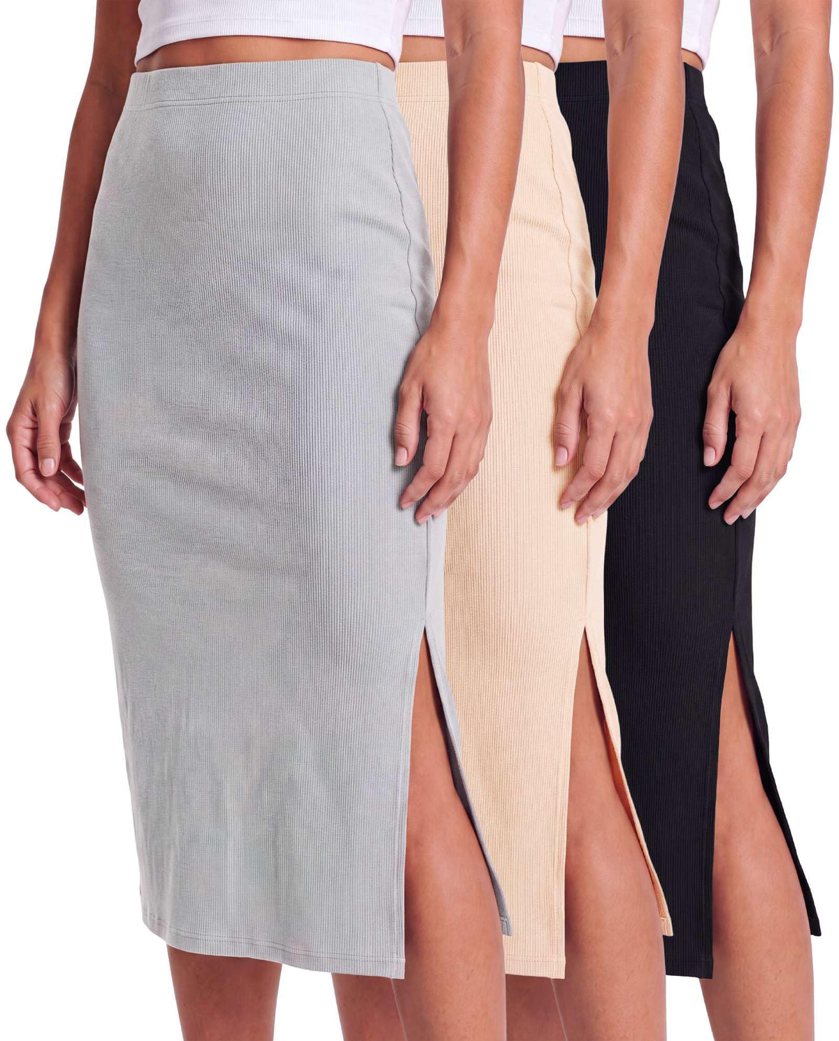 3 Pack Women's Ribbed Midi Skirts High Waisted Pencil Knee Length Work Slit