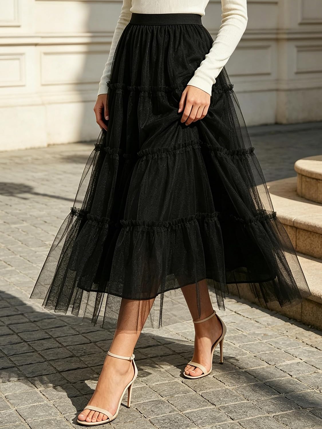 kephy Women's A-Line Tiered Flowy Tulle Midi Skirt High Elastic Waist