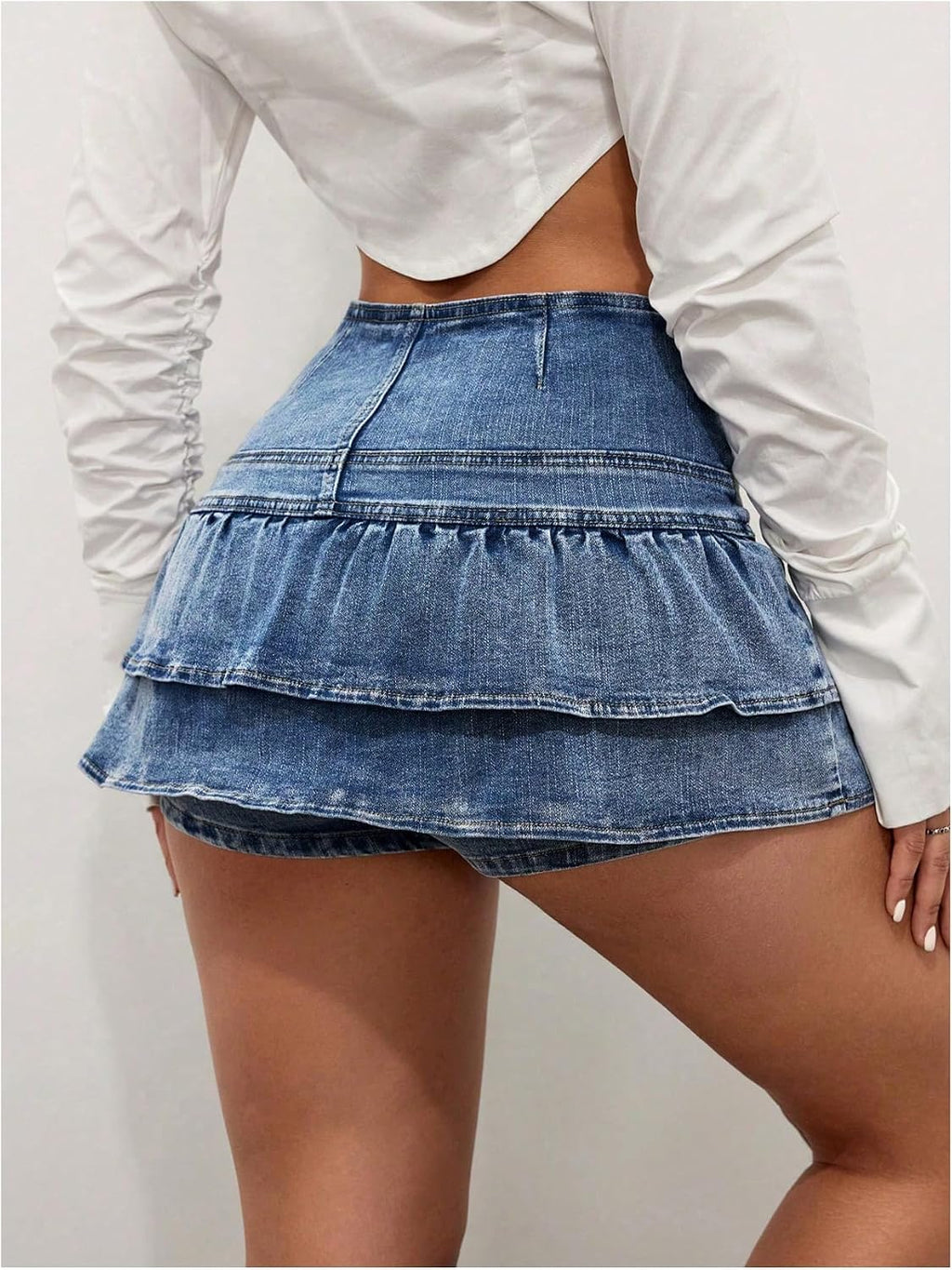 SHENHE Women's High Waist Button Up Ruffle Denim Mini Skirt with Shorts