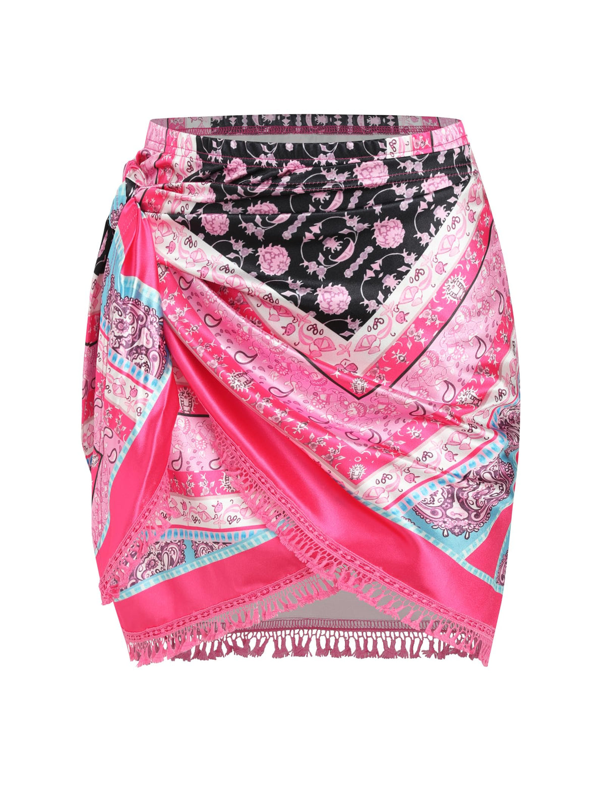 ZAFUL Slit Skirt for Women Boho Print Tie Side Wrap Tassel Casual Beach Mini Skirt