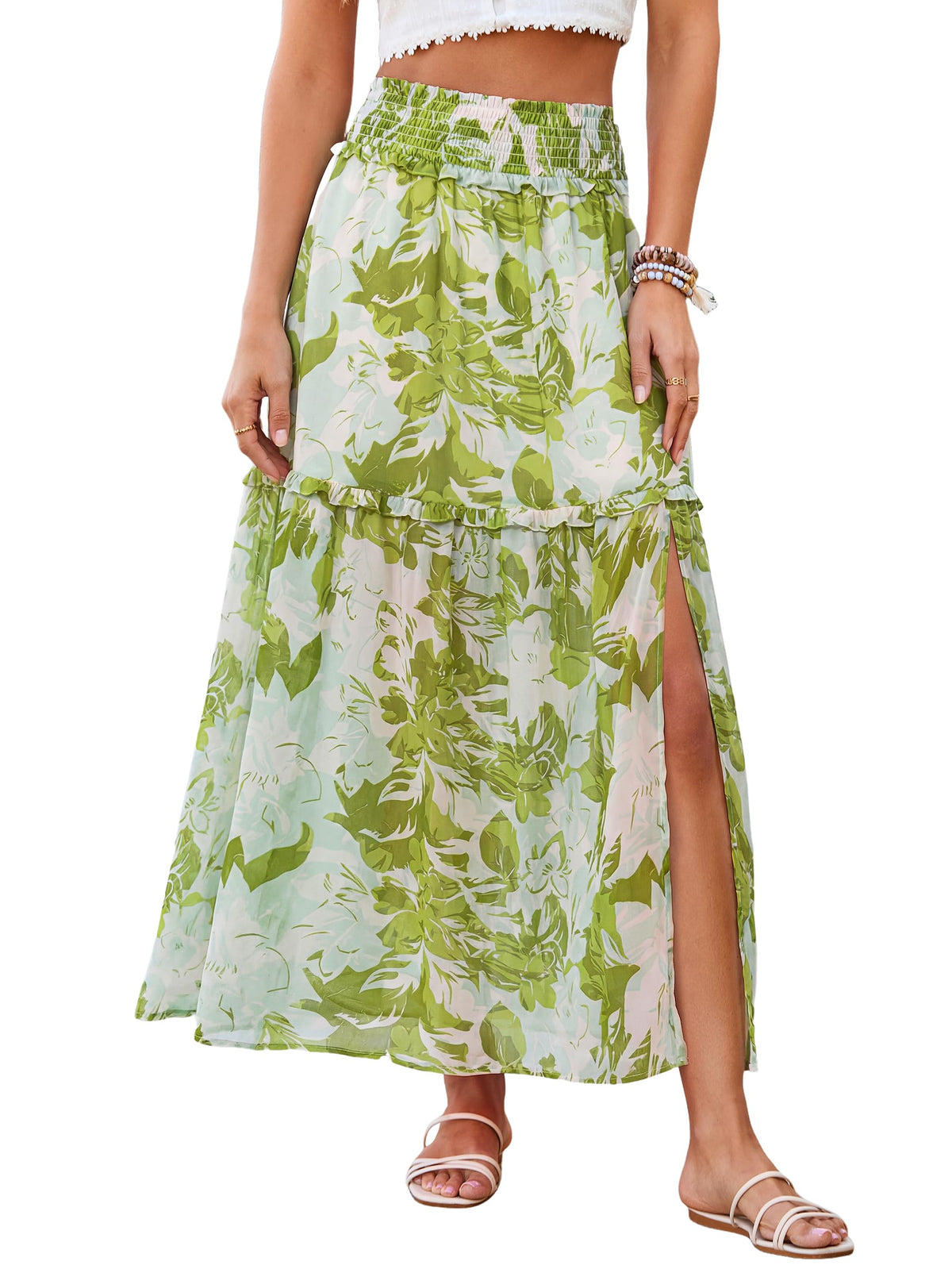BerryGo Women Boho Floral Maxi Skirts Summer Smocked High Waisted Chiffon Flowy A Line 2026 Trendy Long Beach Skirt with Slit