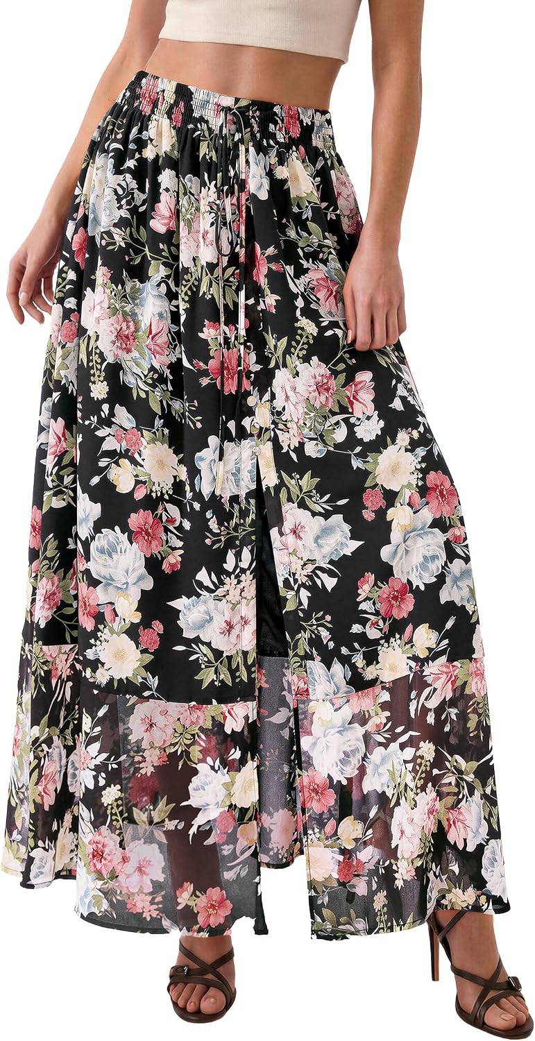 PRETTYGARDEN 2026 Summer Maxi Long Skirts for Women Trendy Boho Floral High Waisted Slit Flowy Travel Beach Vacation Clothes