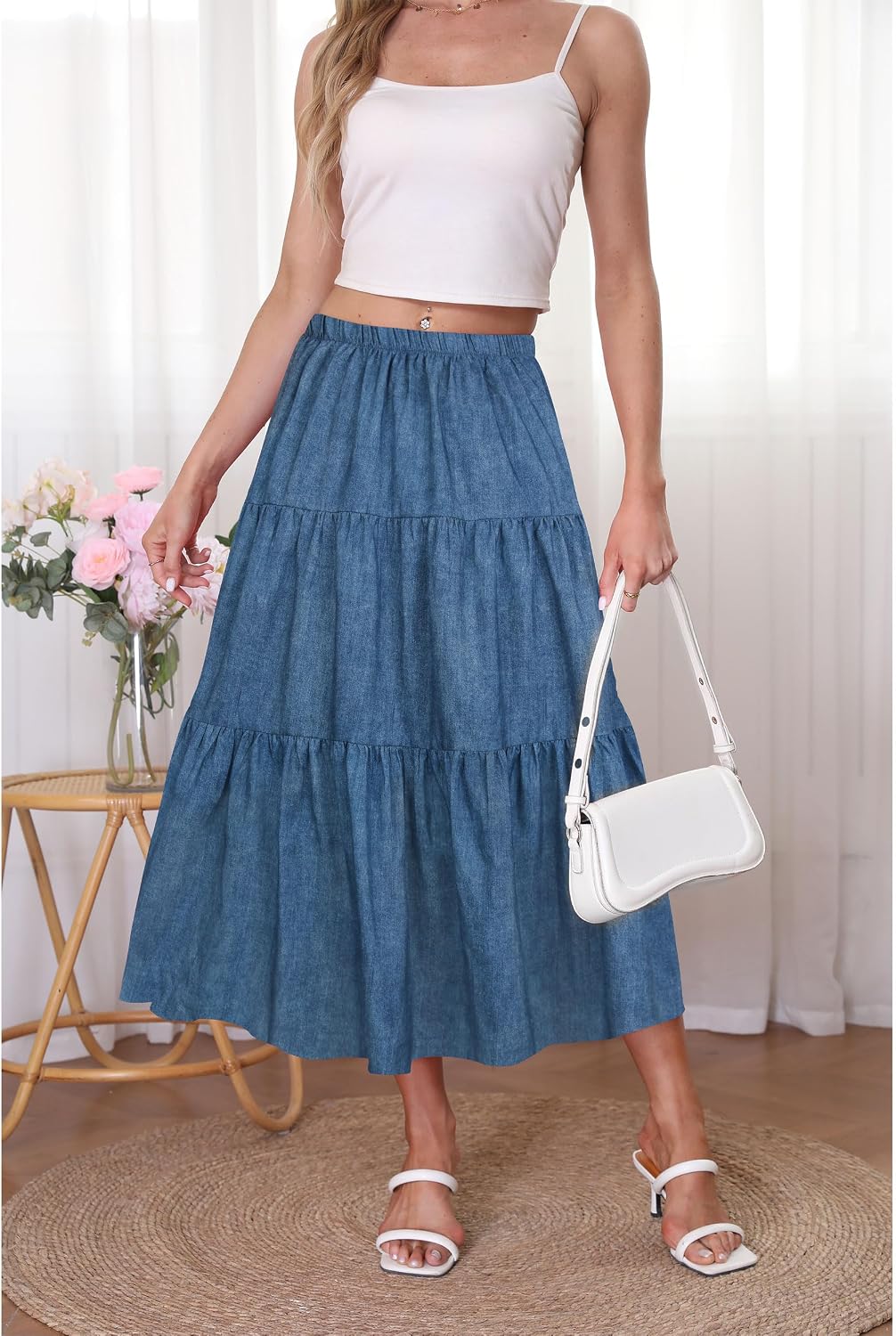 Kingfancy Women's Boho Midi Skirt A-Line Flowy Skirts
