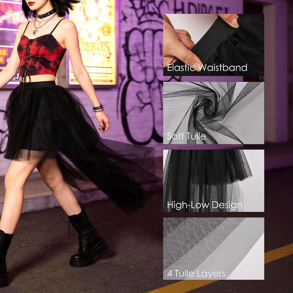 Women High Low Tutu Tulle Bustle Skirt Elastic Waist Dovetail Skirts for Wedding Party Performance