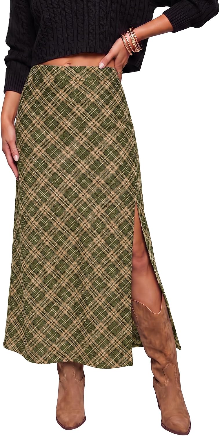 luvamia Plaid Maxi Skirts for Women Trendy A-Line Long Skirt with Side Slit