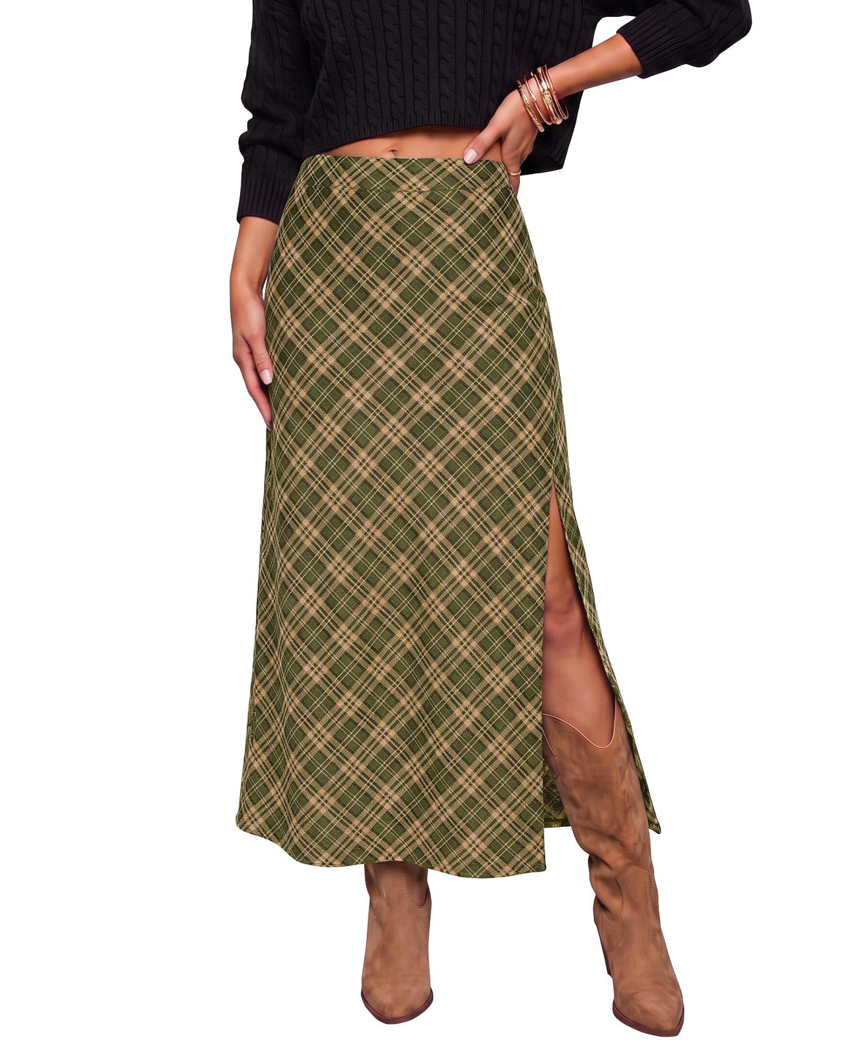 luvamia Plaid Maxi Skirts for Women Trendy A-Line Long Skirt with Side Slit