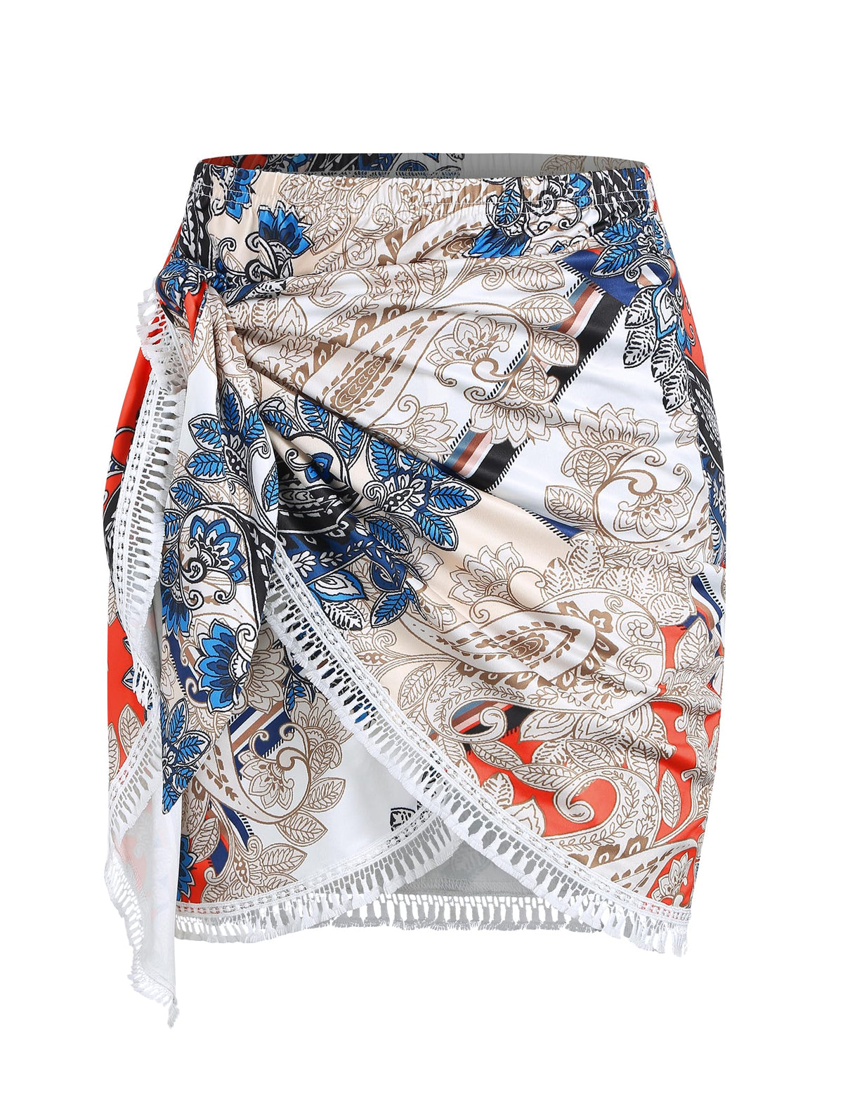 ZAFUL Slit Skirt for Women Boho Print Tie Side Wrap Tassel Casual Beach Mini Skirt