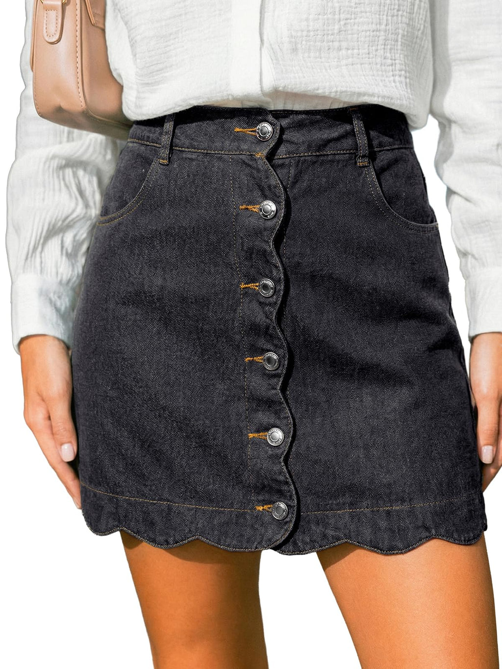 CUPSHE Women’s Denim Mini Skirt Button Front A-Line Scalloped Jeans