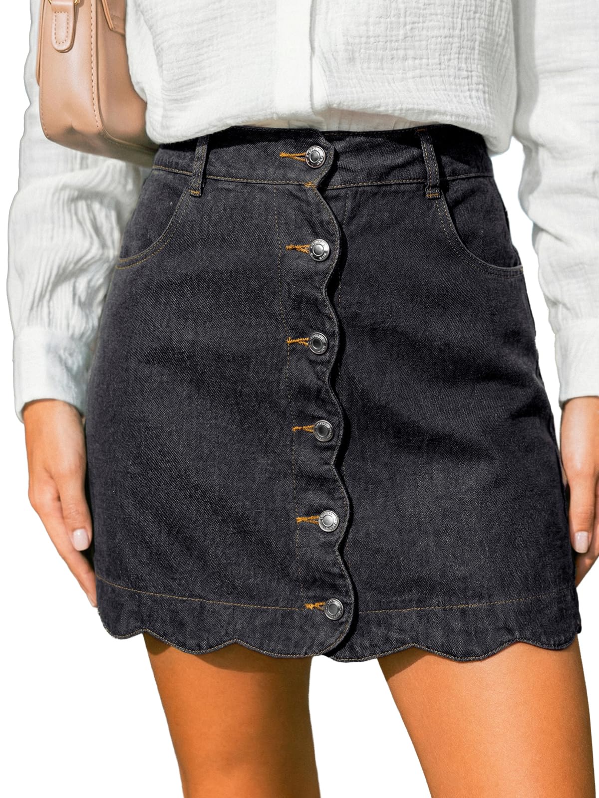 CUPSHE Women’s Denim Mini Skirt Button Front A-Line Scalloped Jeans