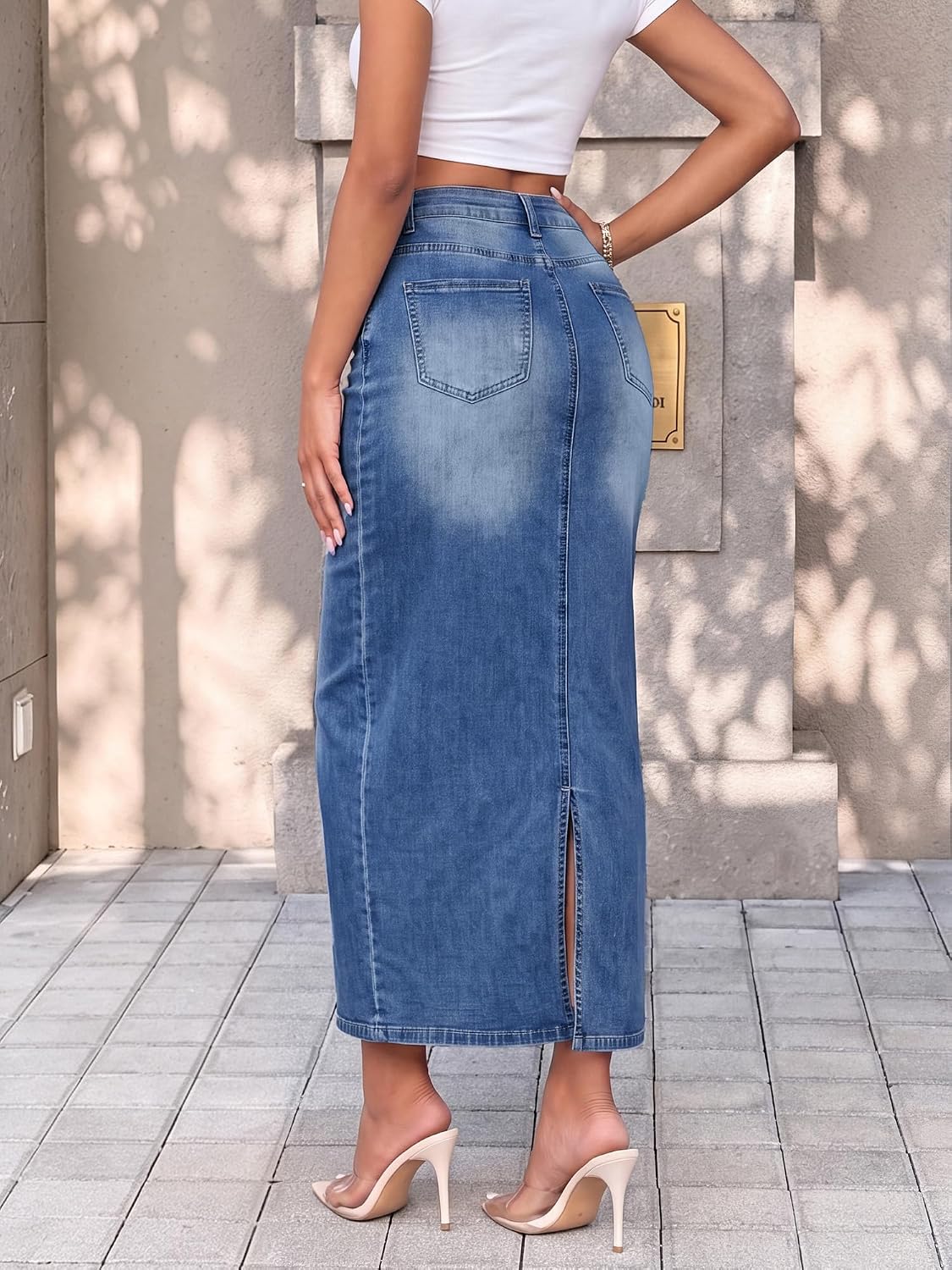 Women's High Waisted Long Denim Skirt with Back Slit Distressed Holes Stretch Whisker Wash