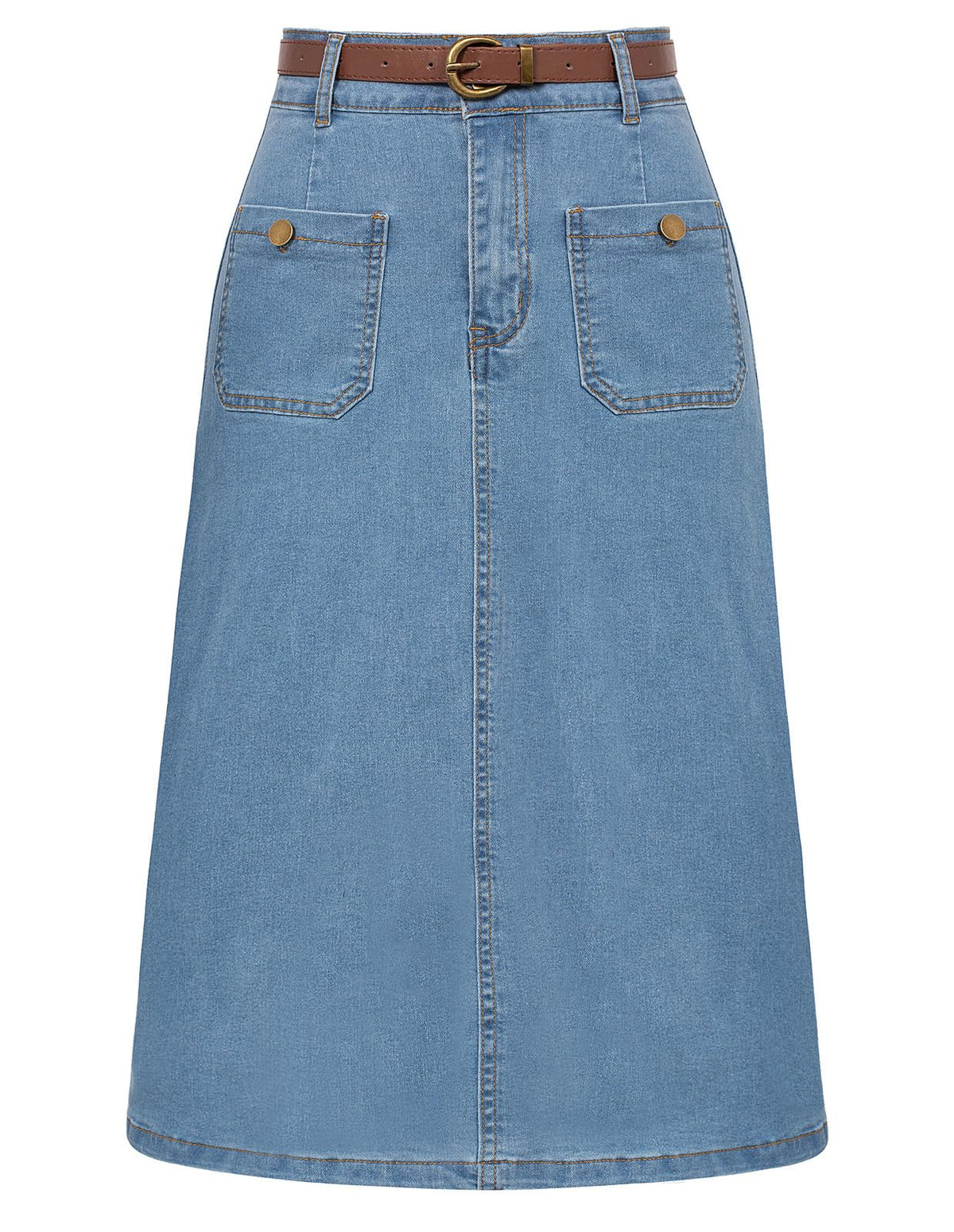 Belle Poque Denim Skirt with Belt Below Knee Length High Waisted Jean Skirts for Women