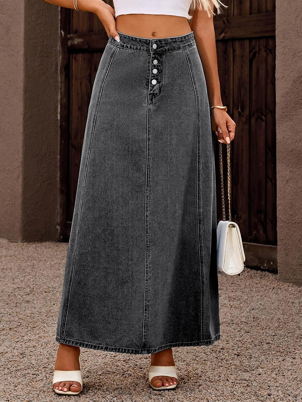 ebossy Women's High Waist Denim Skirt Classic 4-Button Flare A Line Stretch Maxi Long Jean Skirts with Pockets