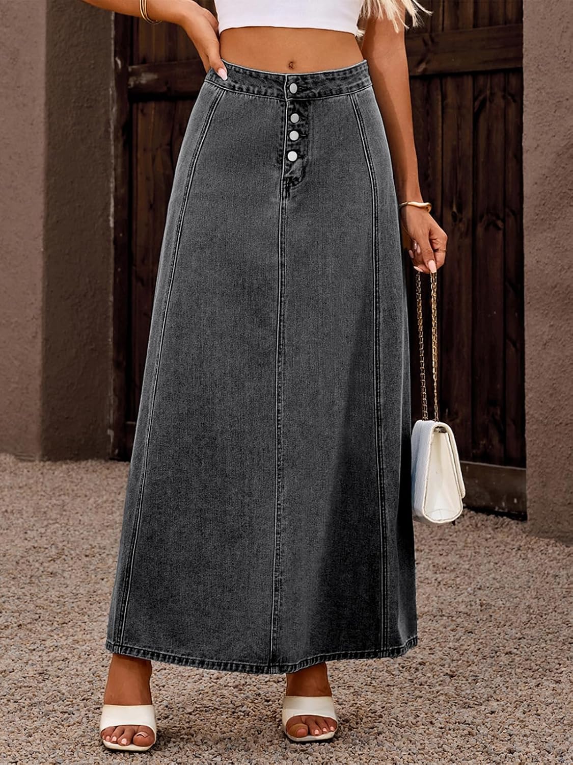 ebossy Women's High Waist Denim Skirt Classic 4-Button Flare A Line Stretch Maxi Long Jean Skirts with Pockets
