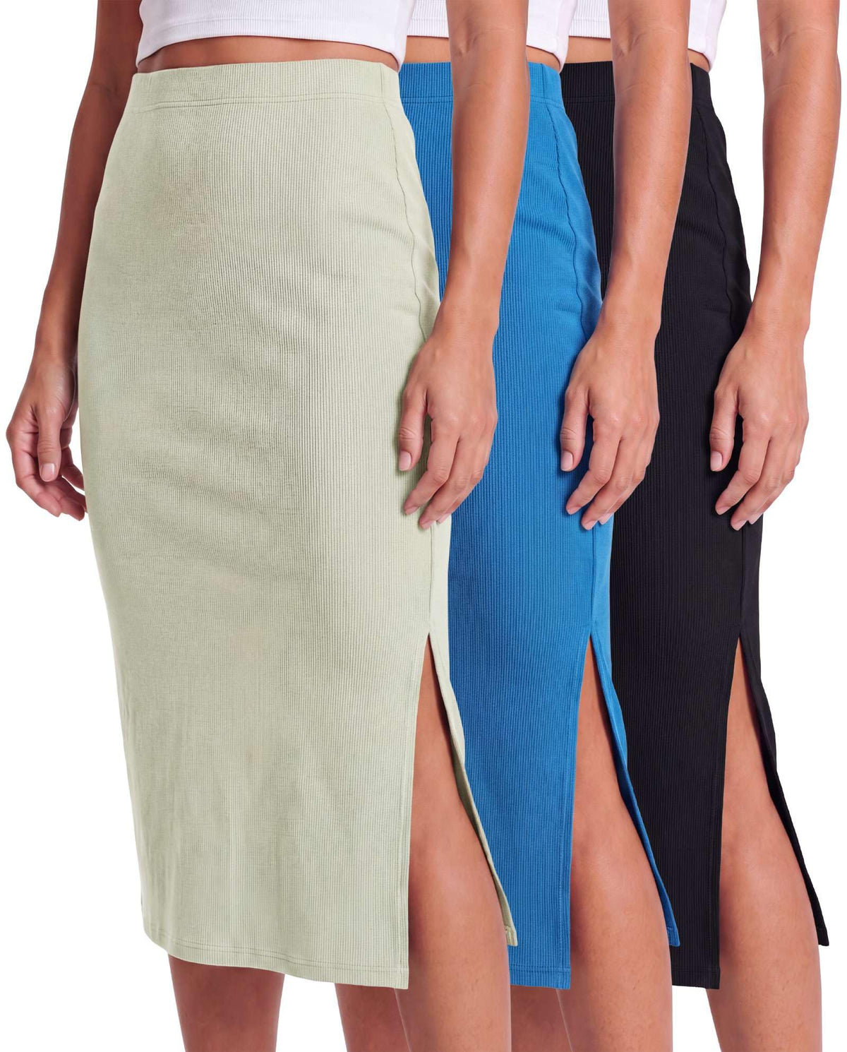 3 Pack Women's Ribbed Midi Skirts High Waisted Pencil Knee Length Work Slit