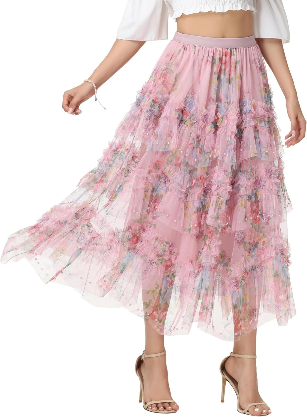 Sparkly Tulle Skirt for Women Floral Beaded Tiered Midi Length High Waist A Line Fairy Cake Party Skirt