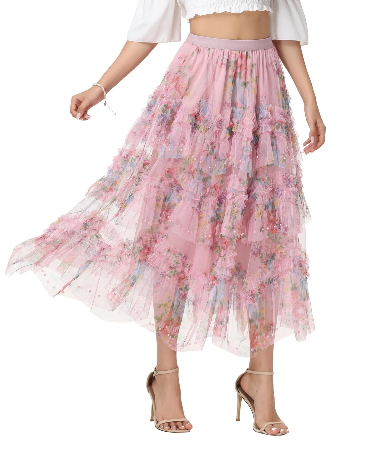 Sparkly Tulle Skirt for Women Floral Beaded Tiered Midi Length High Waist A Line Fairy Cake Party Skirt