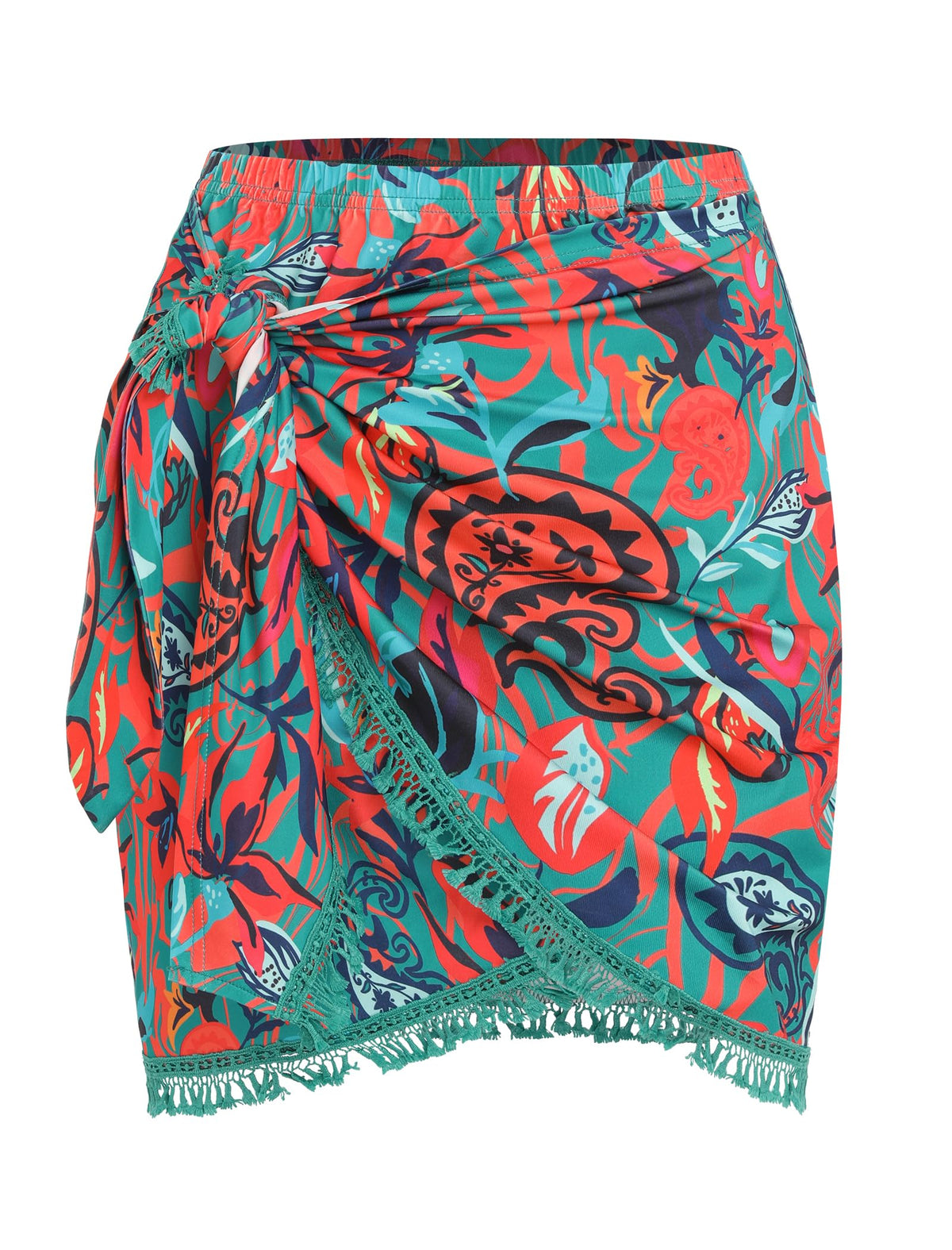 ZAFUL Slit Skirt for Women Boho Print Tie Side Wrap Tassel Casual Beach Mini Skirt