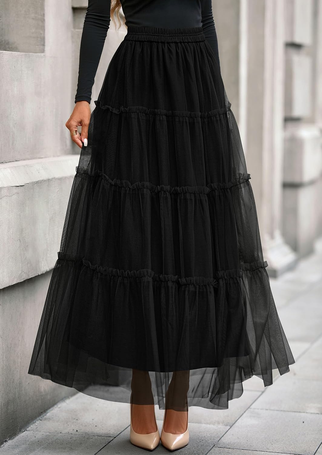 PRETTYGARDEN Women's Fall Soft Tulle Tiered Long Skirt