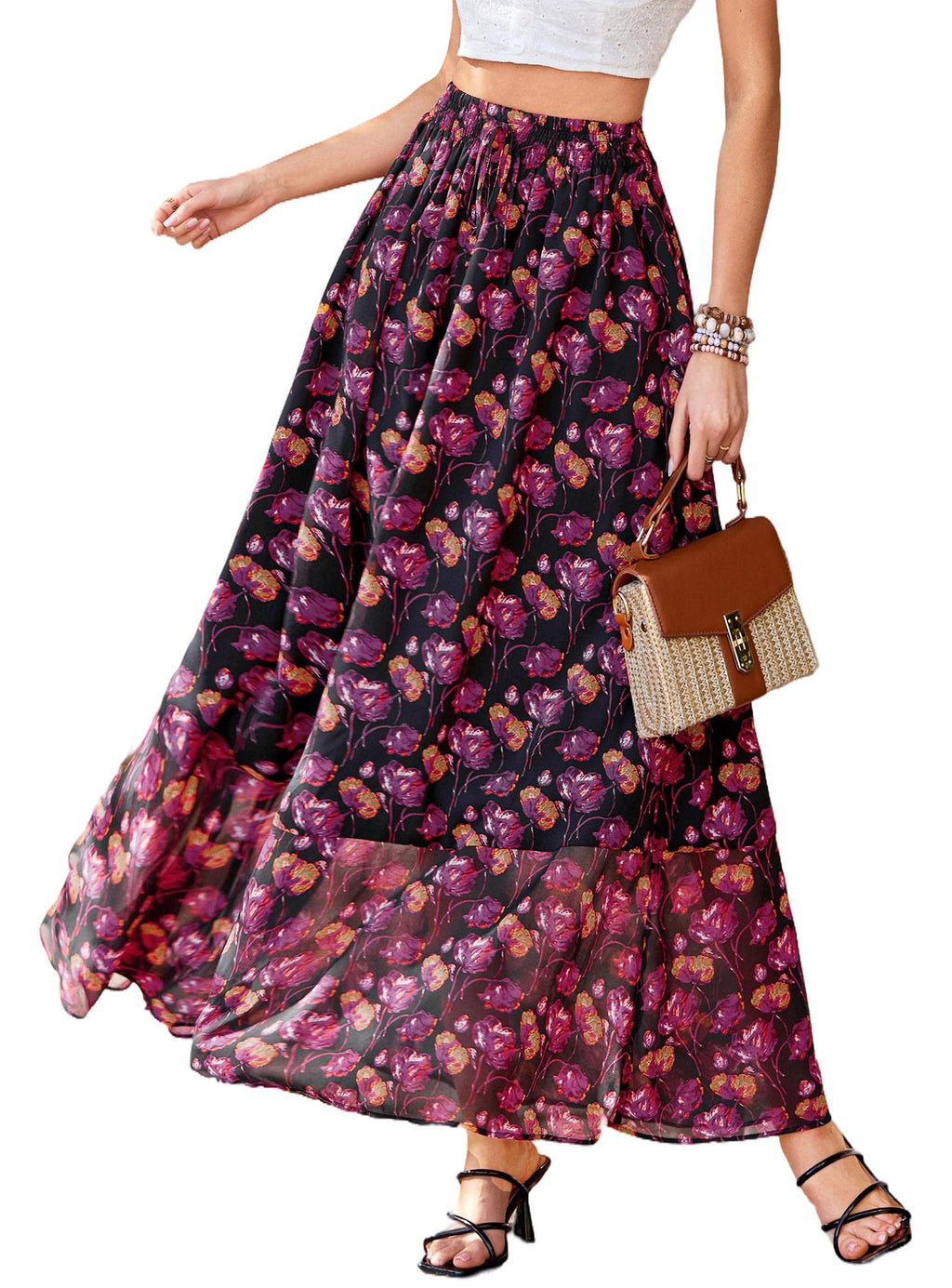 PRETTYGARDEN 2026 Summer Maxi Long Skirts for Women Trendy Boho Floral High Waisted Slit Flowy Travel Beach Vacation Clothes