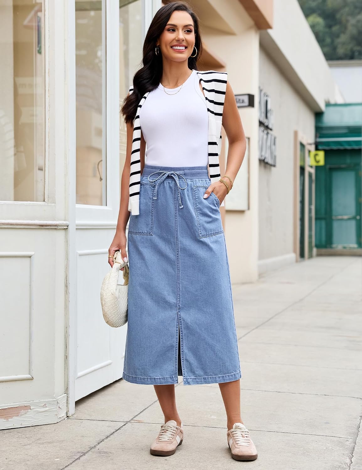 luvamia Jean Skirts for Women High Waisted Midi Denim Drawstring Elastic Waist Long Skirt with Pockets Front Slit