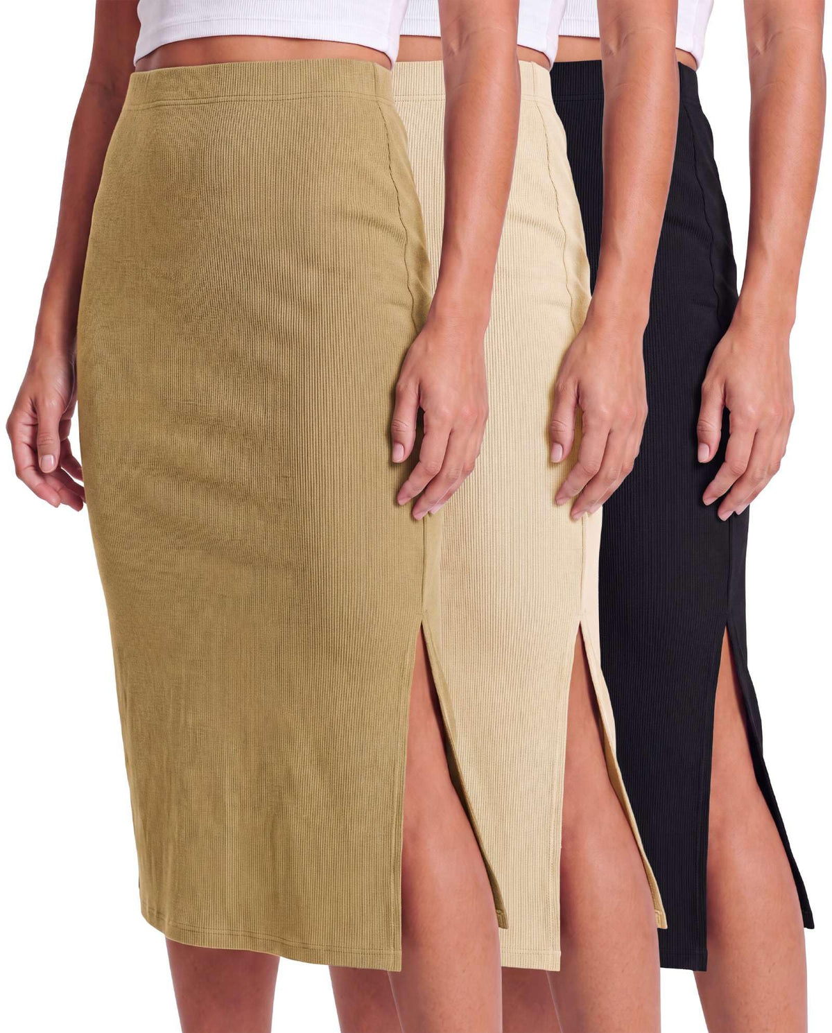 3 Pack Women's Ribbed Midi Skirts High Waisted Pencil Knee Length Work Slit