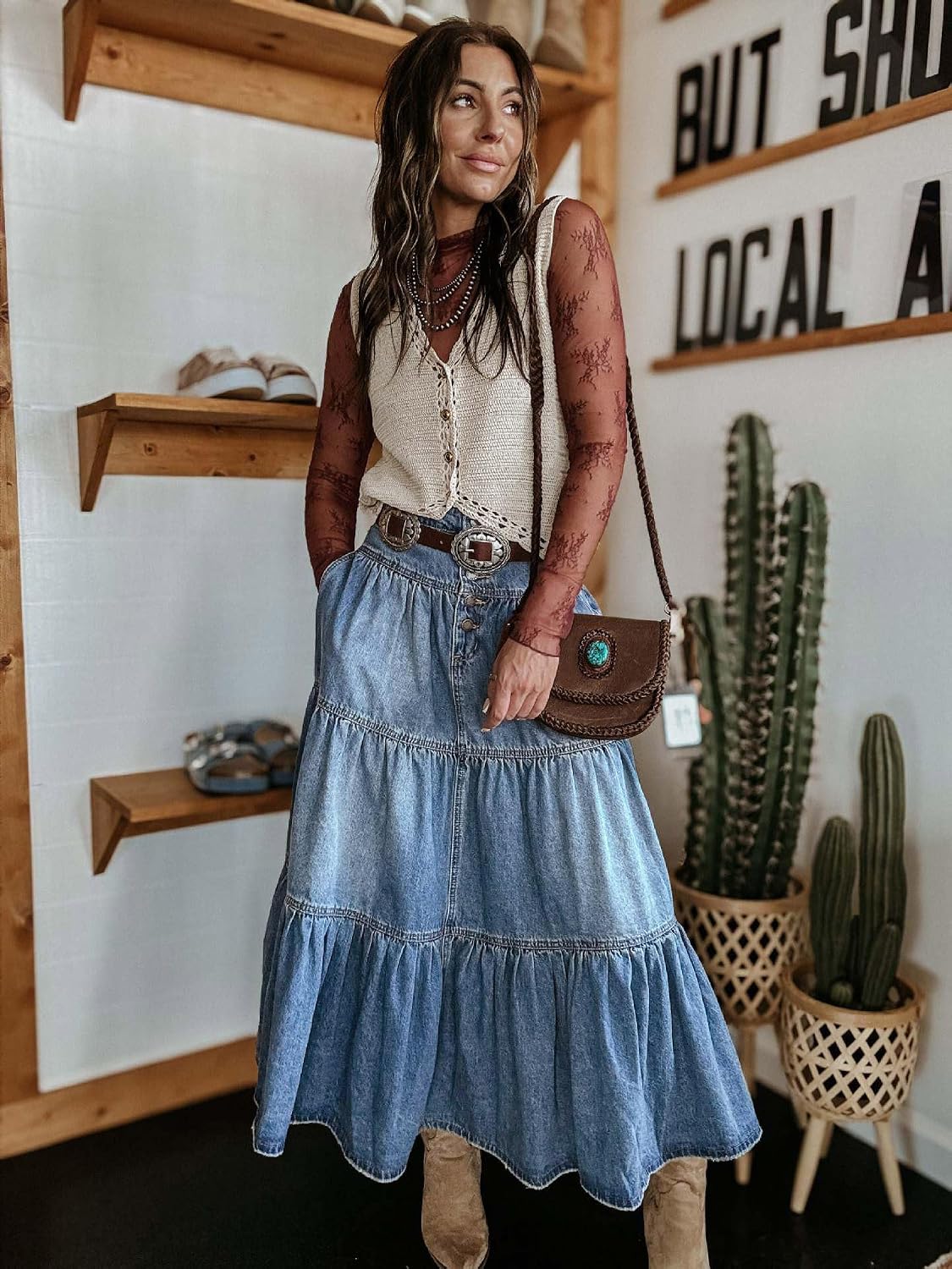 utcoco Women's High Waist Long Denim Skirt Button-Fly Tiered Ruffle Swing A-Line Jean Maxi Skirt with Pockets