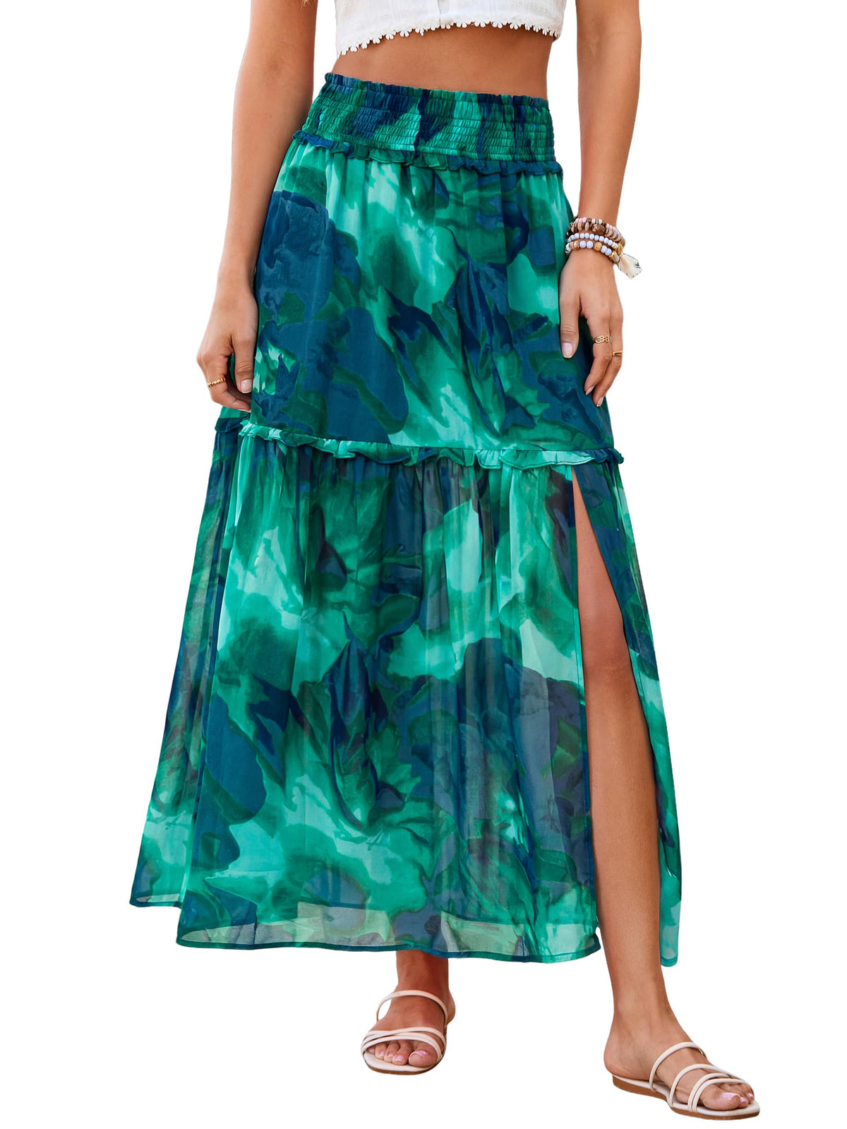 BerryGo Women Boho Floral Maxi Skirts Summer Smocked High Waisted Chiffon Flowy A Line 2026 Trendy Long Beach Skirt with Slit