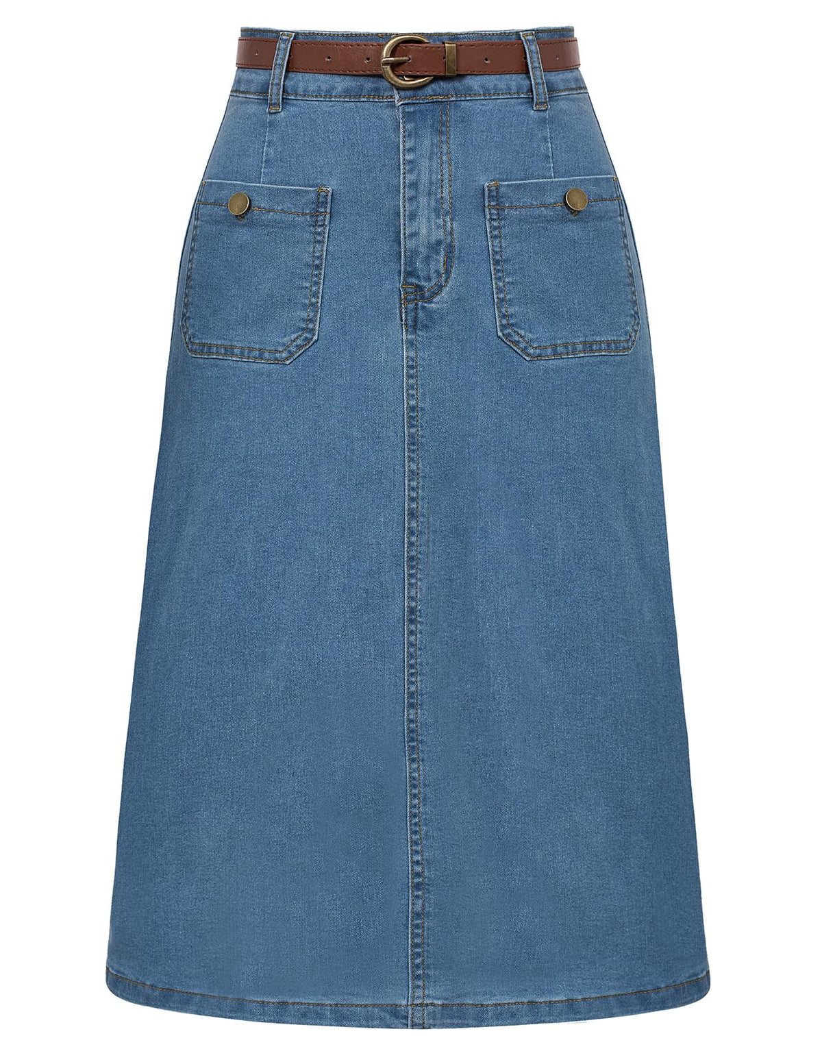 Belle Poque Denim Skirt with Belt Below Knee Length High Waisted Jean Skirts for Women