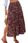 ELLEVEN Women's Floral Maxi Skirt Boho Flowy High Waisted A-Line Tiered Ruffle Skirt with Side Slit
