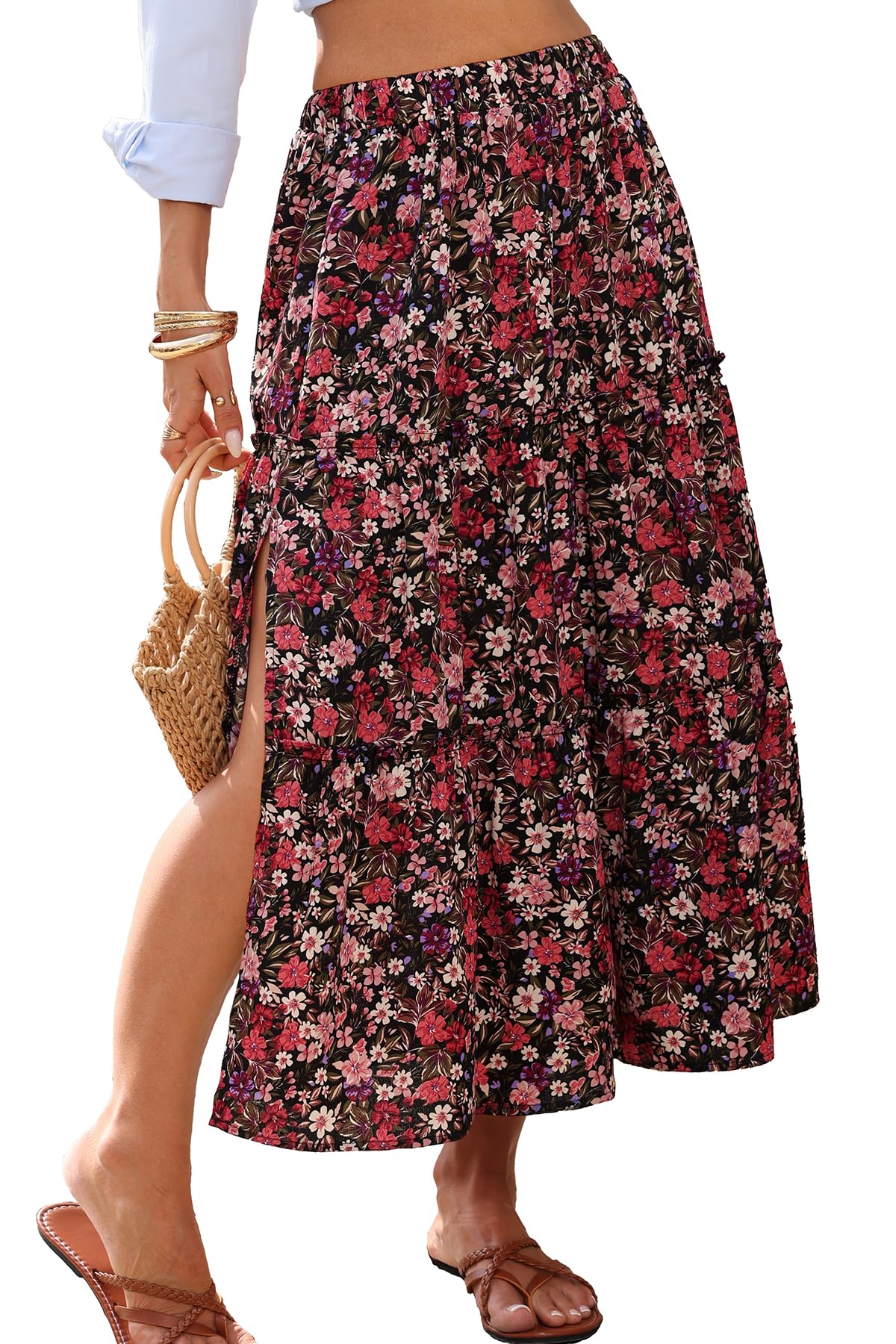 ELLEVEN Women's Floral Maxi Skirt Boho Flowy High Waisted A-Line Tiered Ruffle Skirt with Side Slit