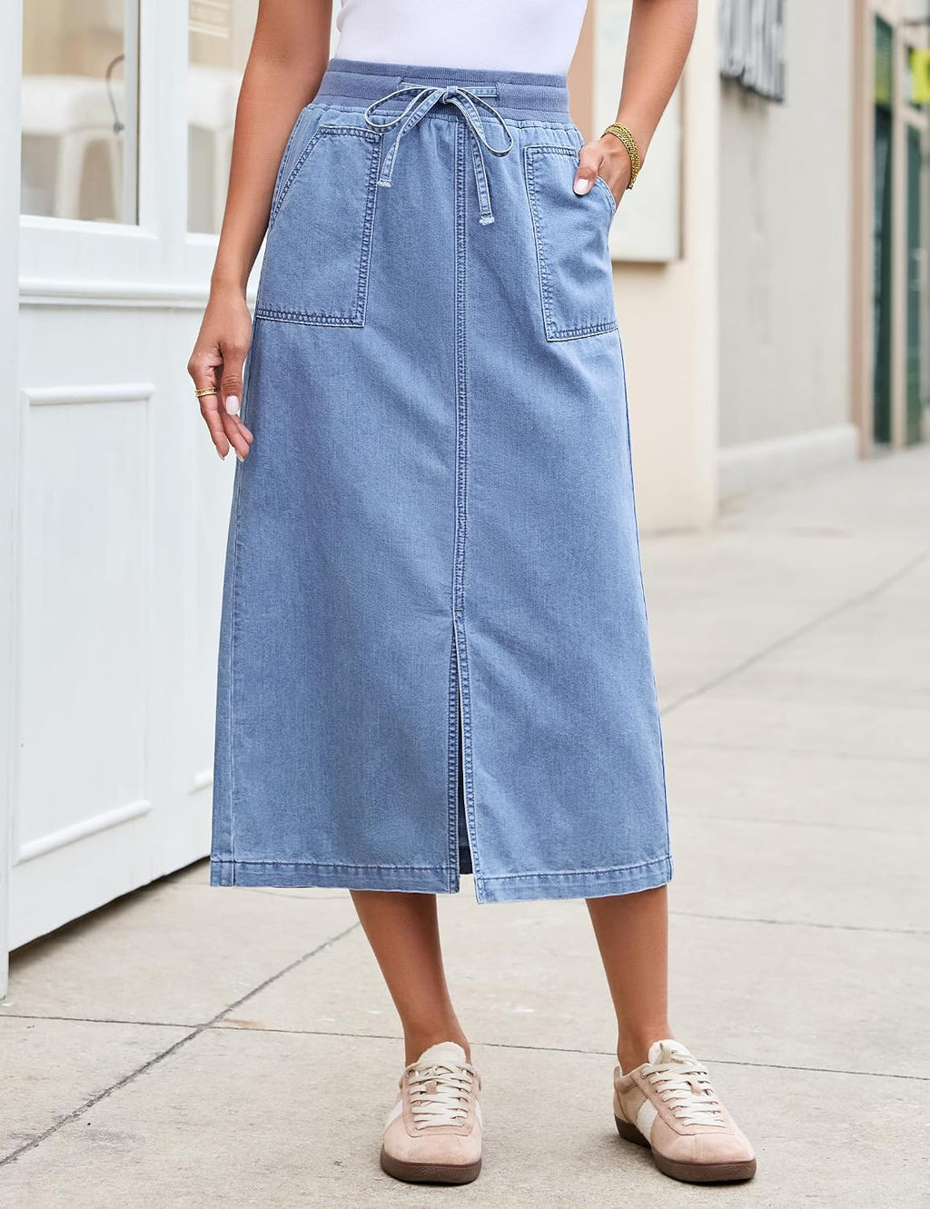 luvamia Jean Skirts for Women High Waisted Midi Denim Drawstring Elastic Waist Long Skirt with Pockets Front Slit