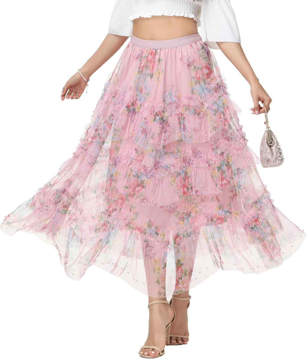 Sparkly Tulle Skirt for Women Floral Beaded Tiered Midi Length High Waist A Line Fairy Cake Party Skirt