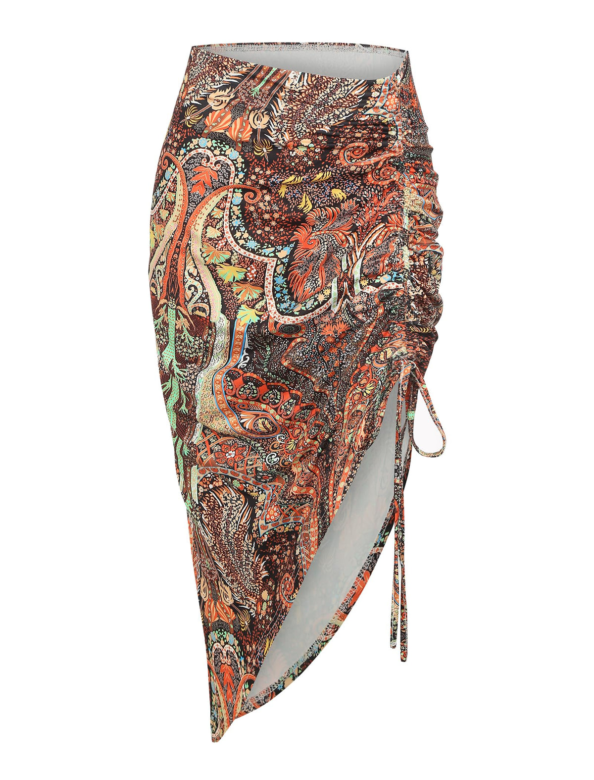 ZAFUL Women's Boho Skirt Asymmetrical Skirts Tied Floral Paisley Printed High Waist Ruched Skirts for Women