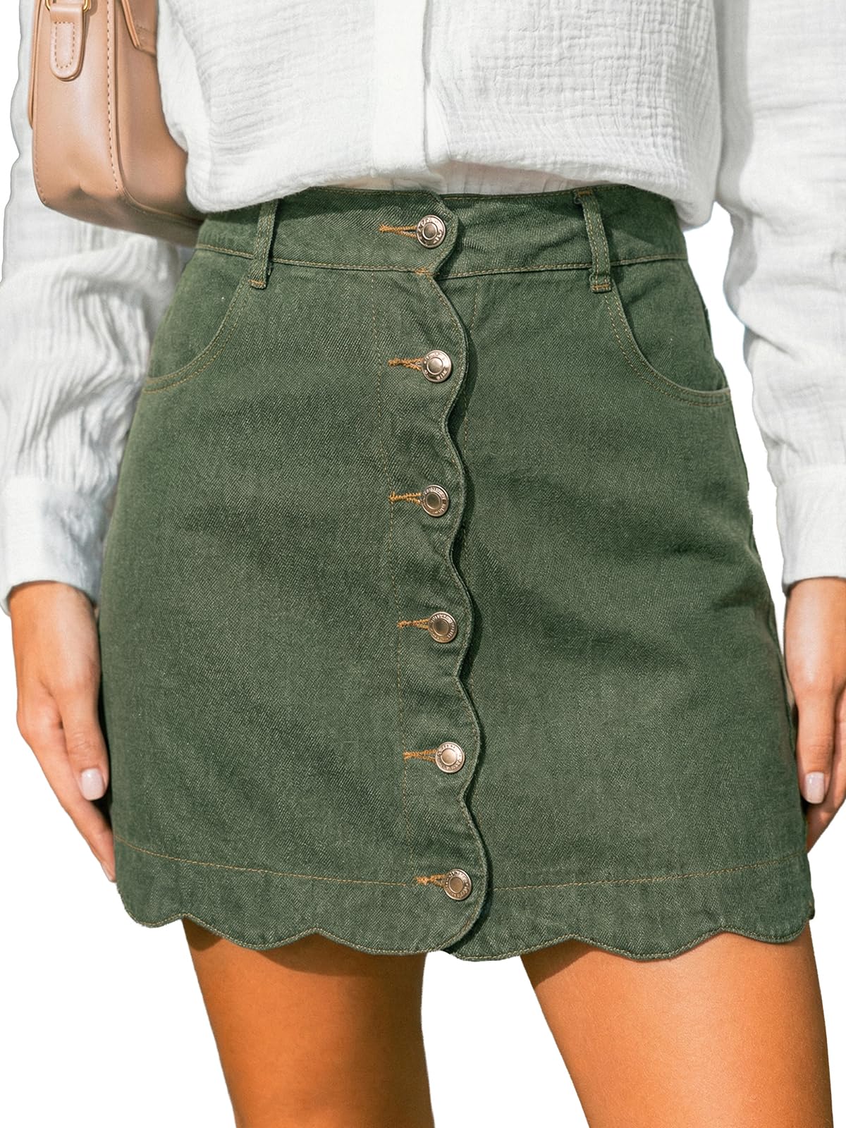 CUPSHE Women’s Denim Mini Skirt Button Front A-Line Scalloped Jeans