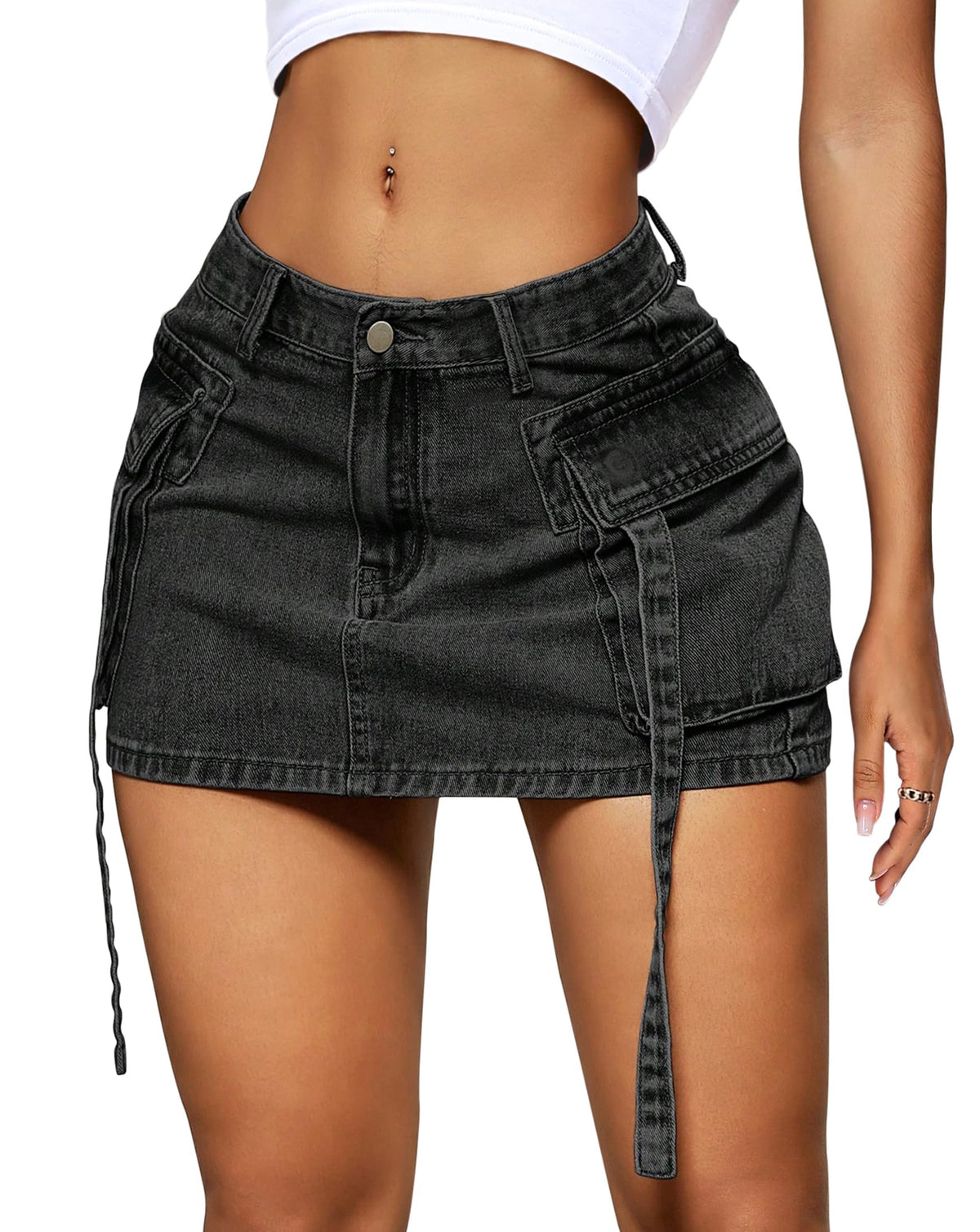 YZEGGO Womens Cargo Skirt Low Waist Button Denim Mini Skirt Summer Y2k Jean Skirt with Flap Pockets